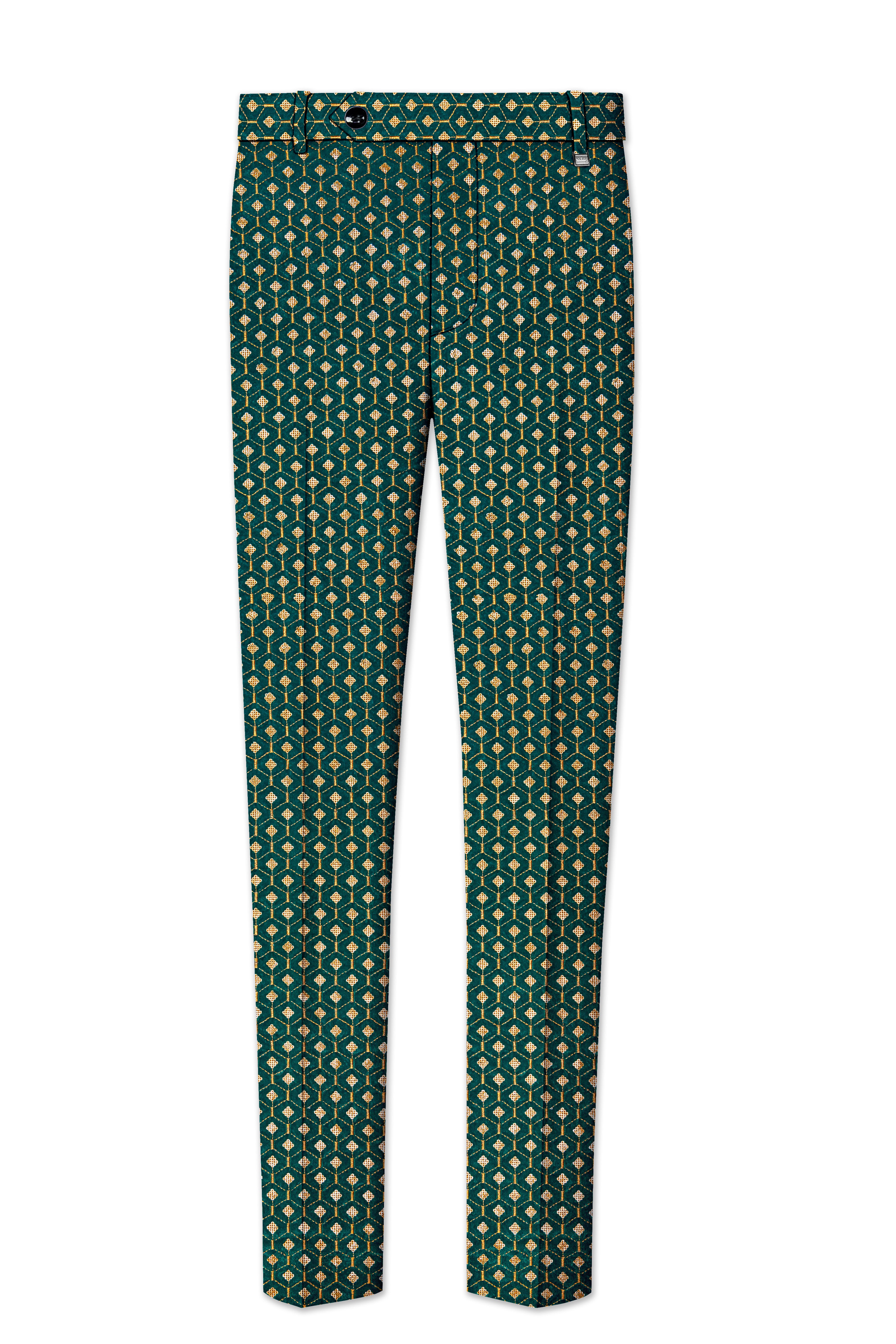 Aurevra-Sherpa Green and Givry Cream Hexagon Sequin and Thread Embroidered Designer Stretchable Waistband Pant