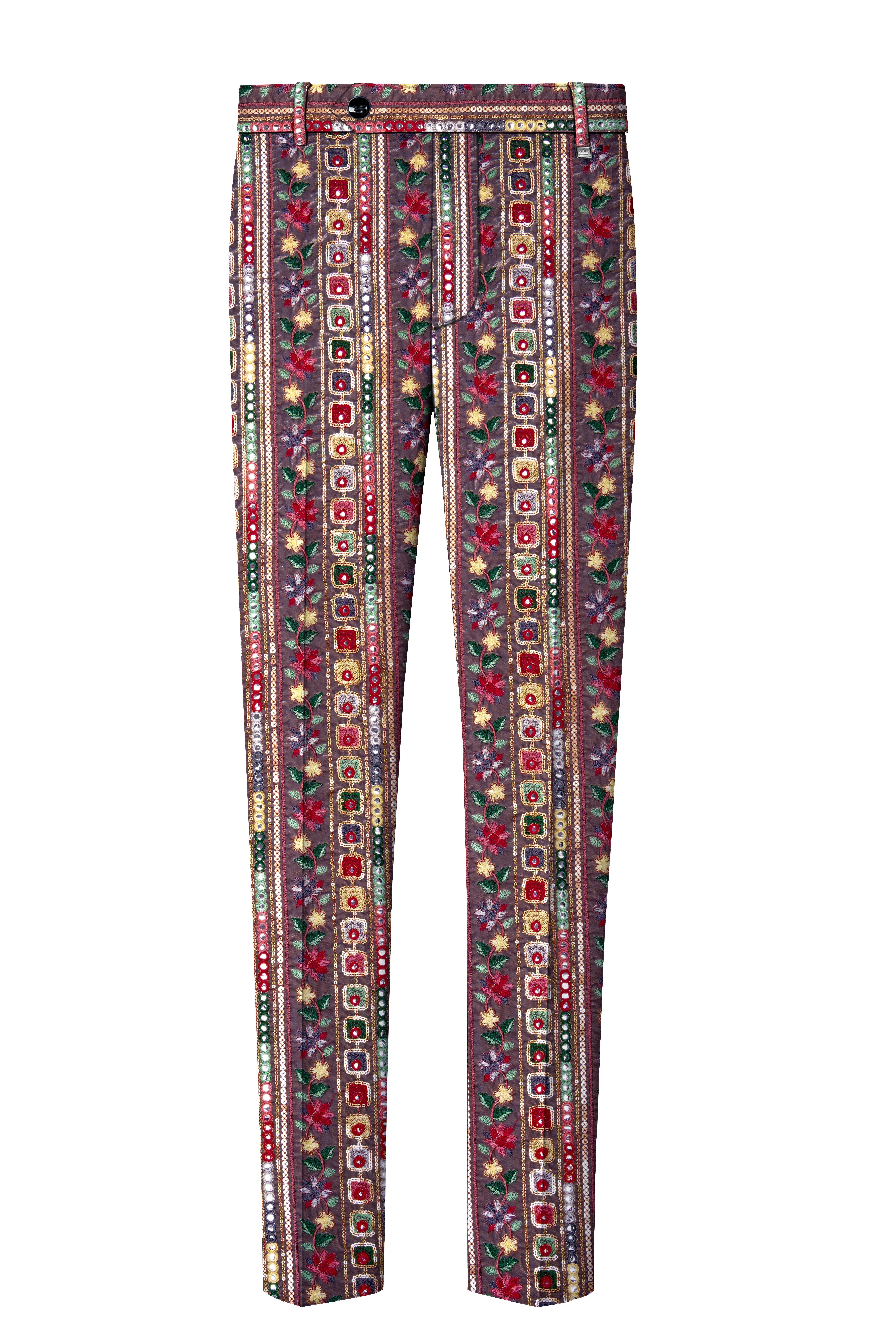 Refletta-Fedora Gray and Carmine Pink Thread and Sequin Embroidered with Mirror Work Designer Stretchable Waistband Pant