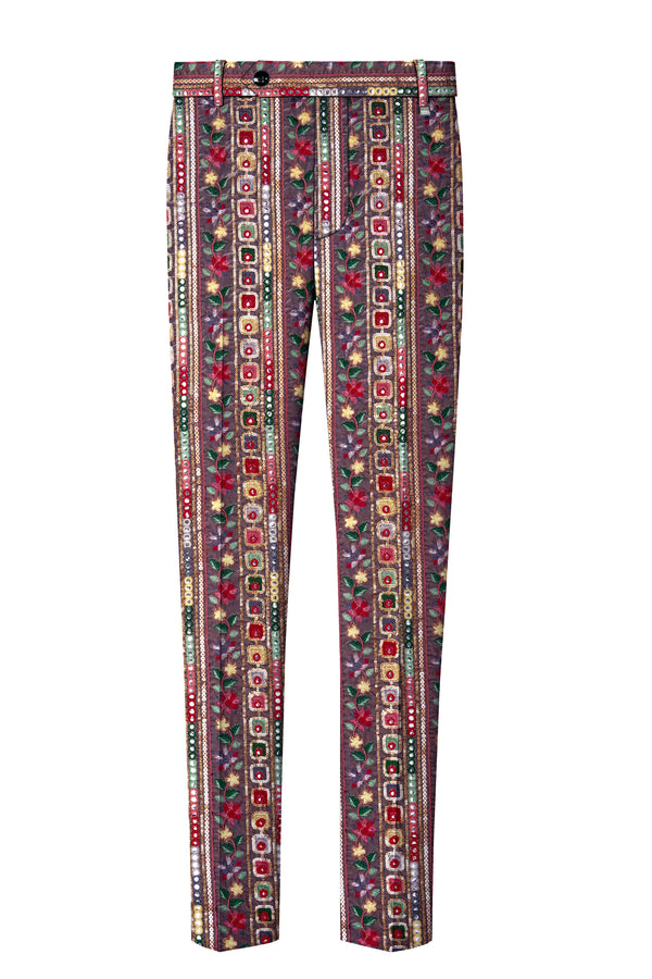 Refletta-Fedora Gray and Carmine Pink Thread and Sequin Embroidered with Mirror Work Designer Stretchable Waistband Pant