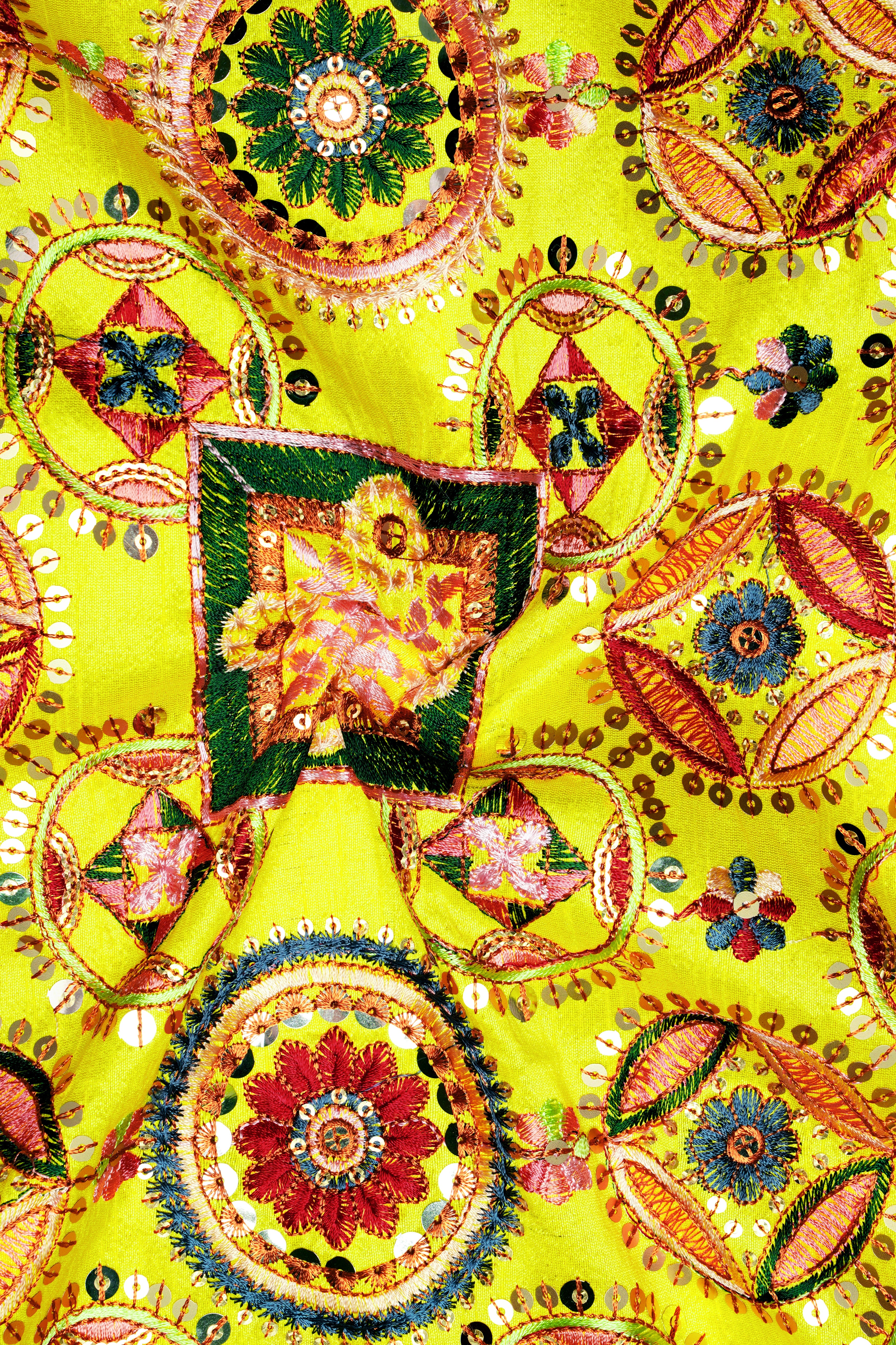 Coutflora-Custard Yellow Multicolour Cotton Thread Embroidered Designer Stretchable Waistband Pant