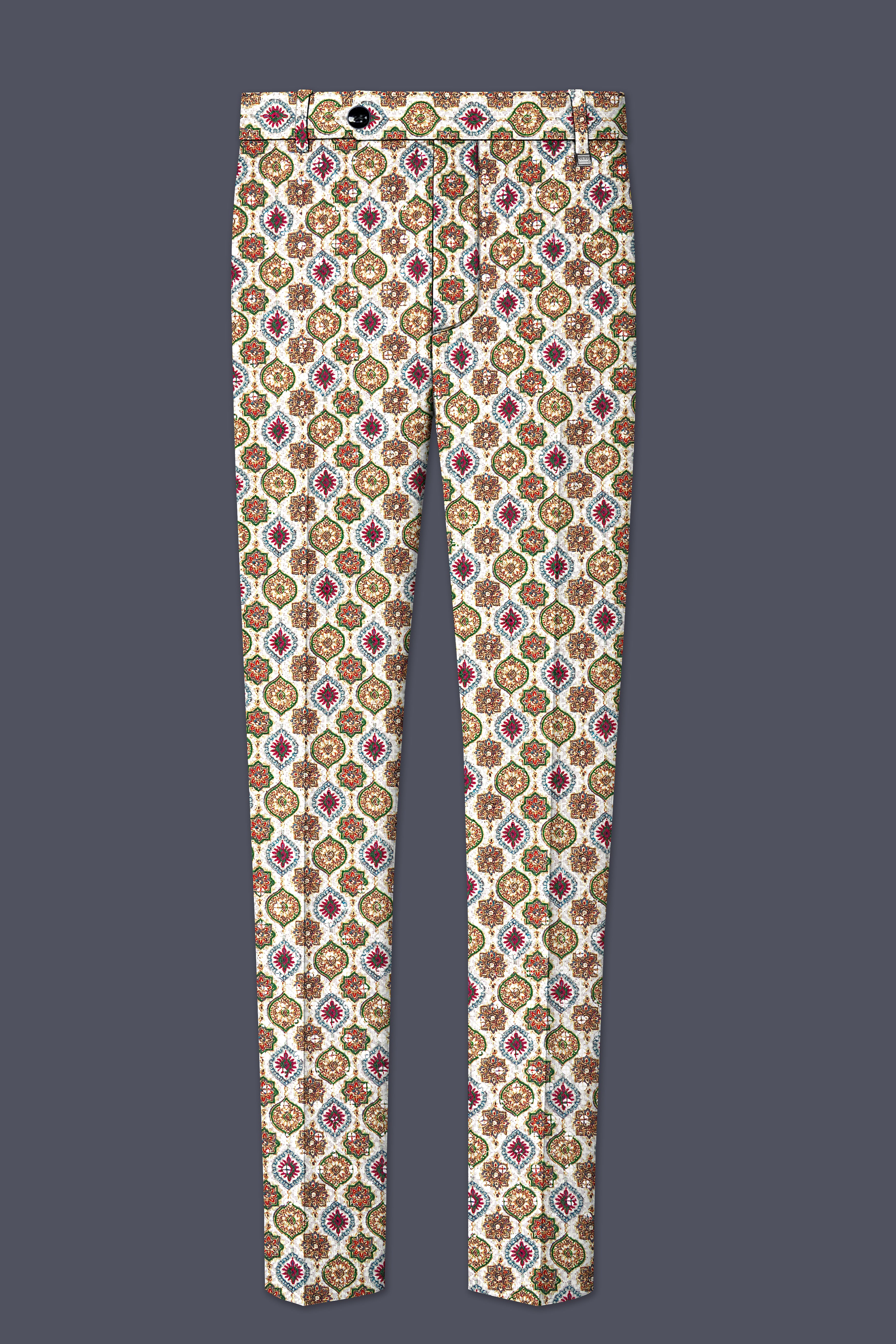 Alvesso-Bright White And Spruce Green Embroidered Designer Stretchable Waistband Pant