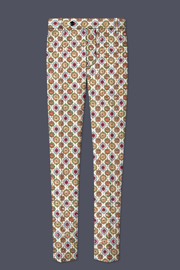 Alvesso-Bright White And Spruce Green Embroidered Designer Stretchable Waistband Pant
