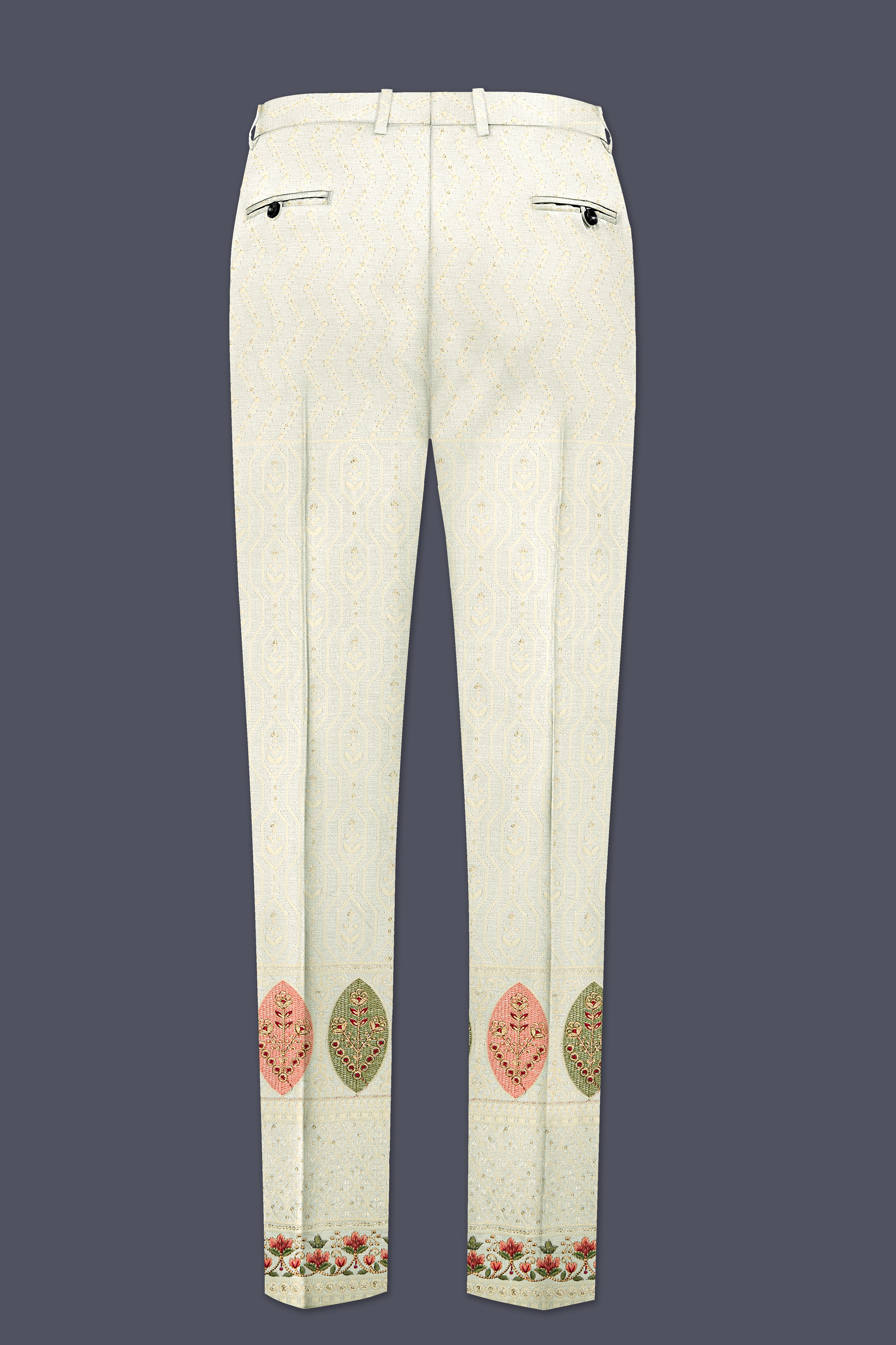 Lustrara-Antique Cream and Peachy Peach Thread and Sequin Embroidered Designer Stretchable Waistband Pant
