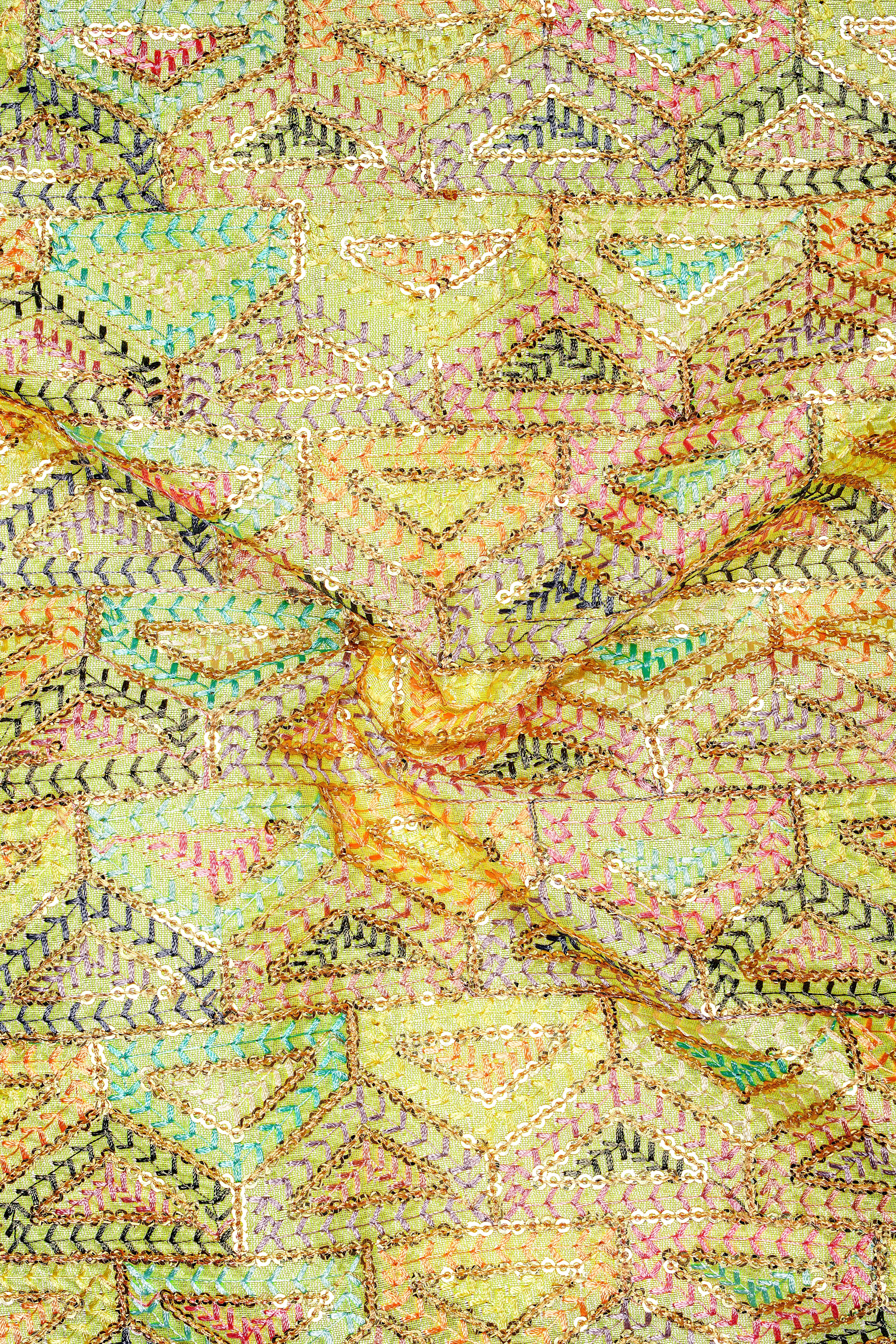 Flavora-Tacha Yellow and Charm Pink Geometric Cotton Thread Embroidered Designer Stretchable Waistband Pant