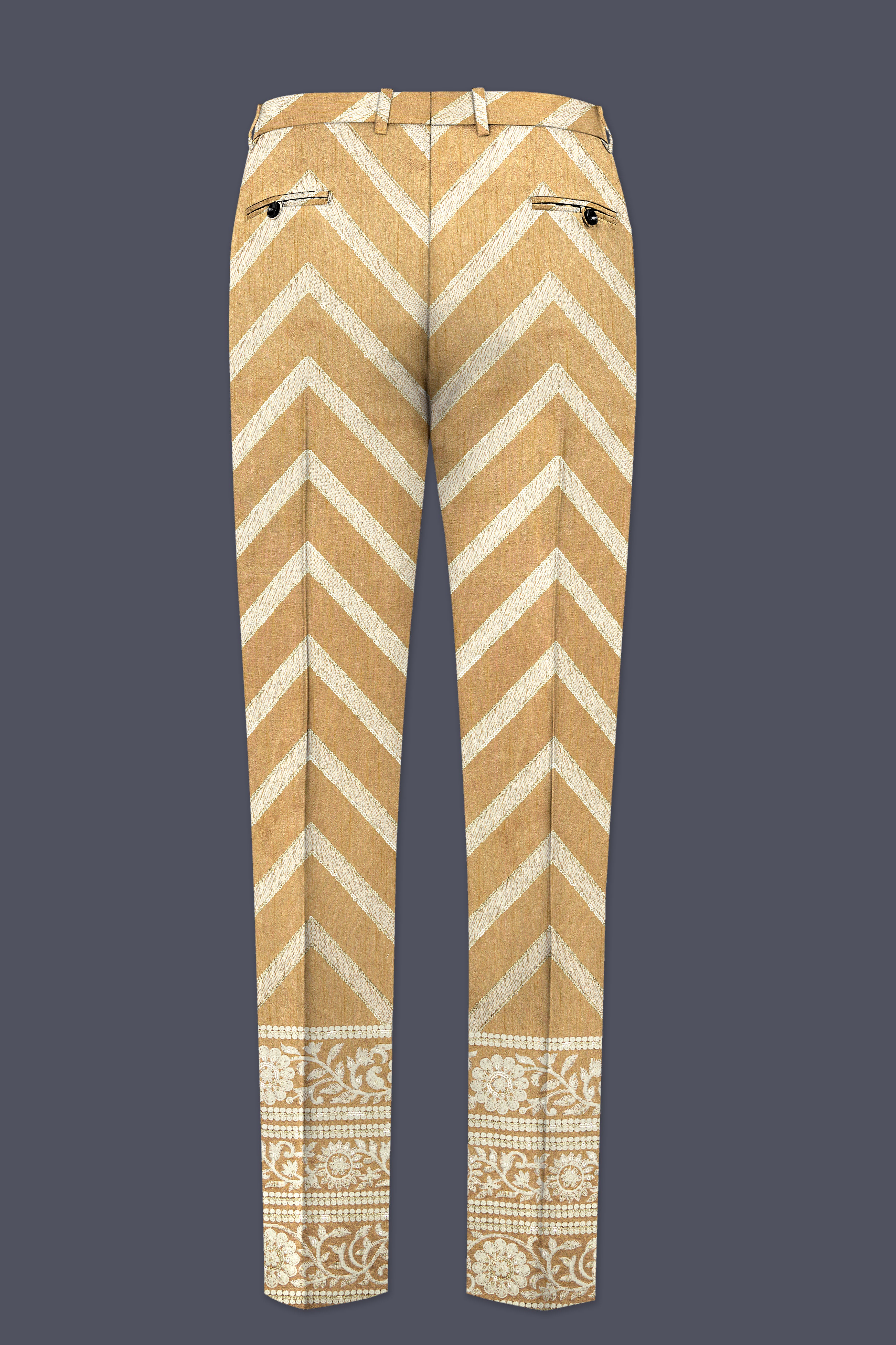 Zigvara-Antique Brown and Merino Cream Zig Zag Cotton Thread Embroidered Designer Stretchable Waistband Pant