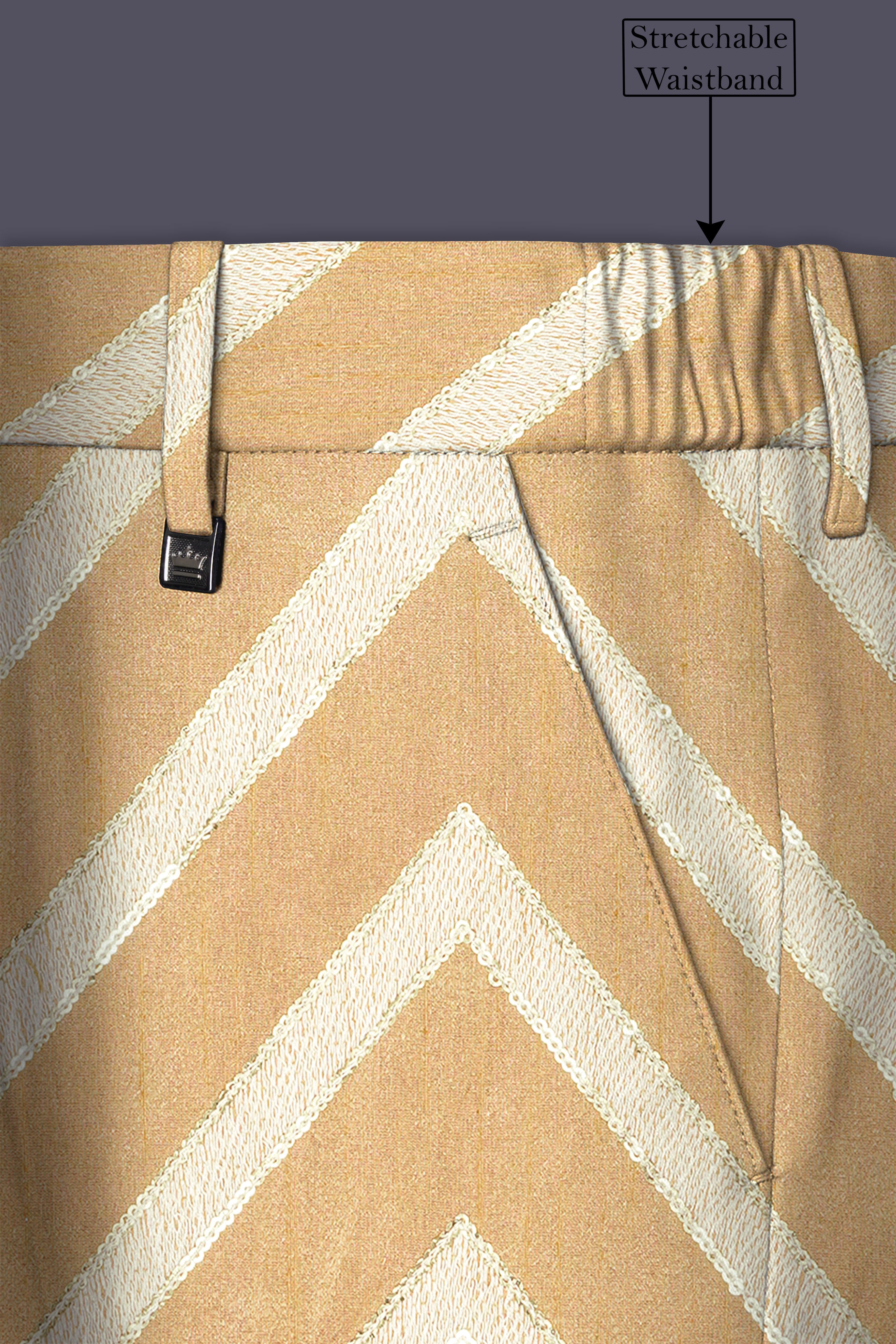Zigvara-Antique Brown and Merino Cream Zig Zag Cotton Thread Embroidered Designer Stretchable Waistband Pant