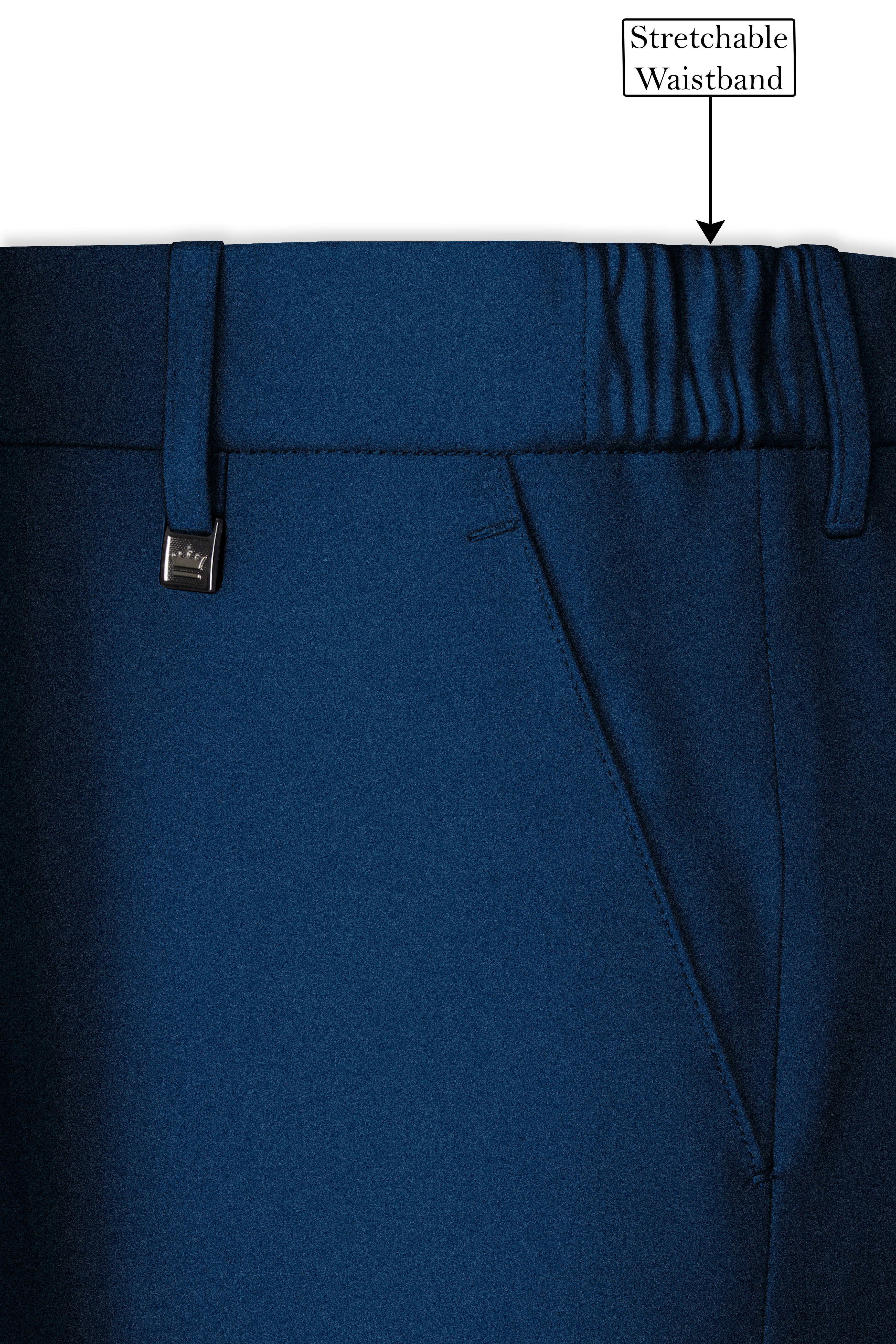 Aureblu-Korean Prussian Blue 4-Way Stretch Wrinkle-Free Wool Rich Stretchable Waistband Pant