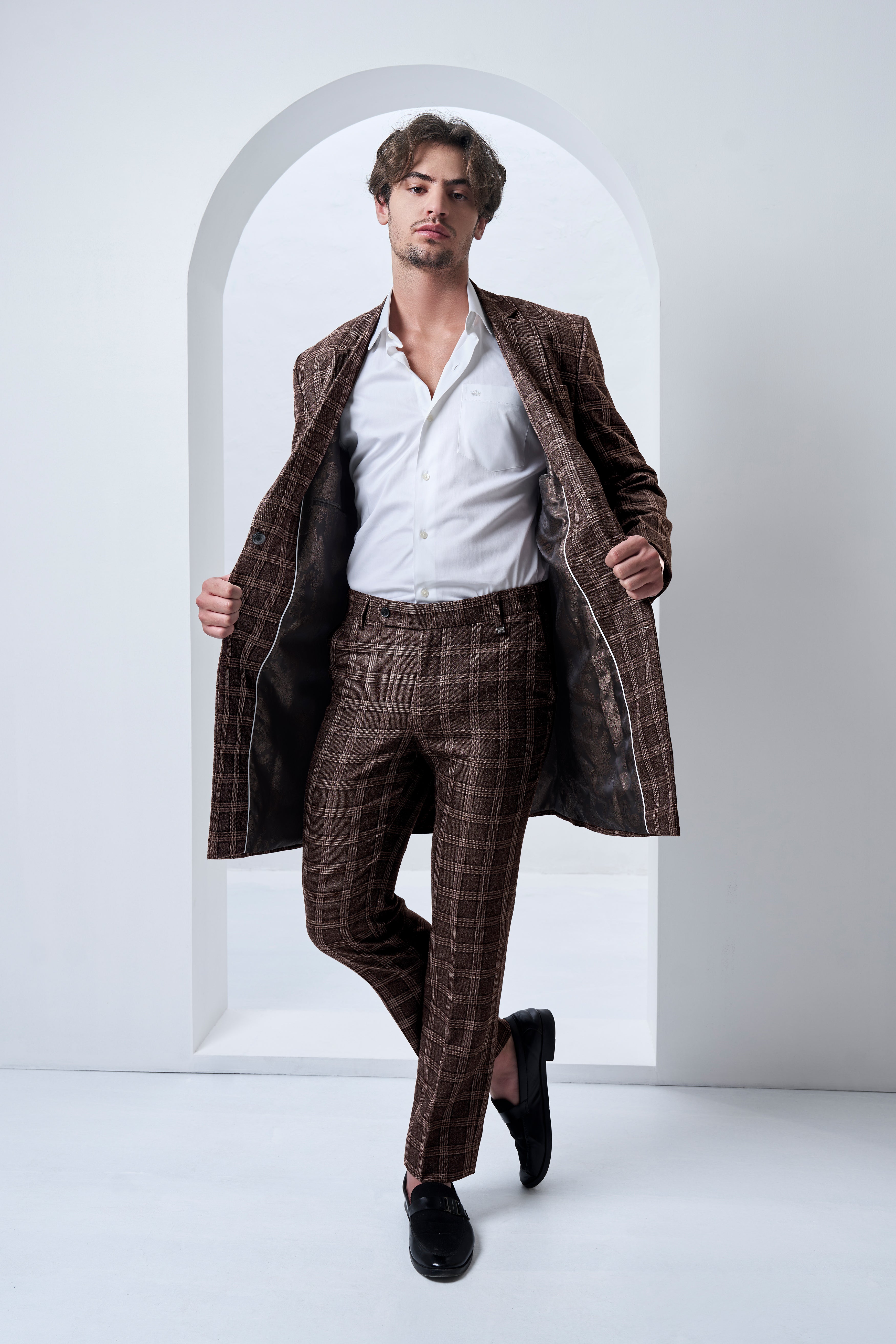 Eclenzo-Eclipse Brown Plaid Tweed Stretchable Waistband Pant