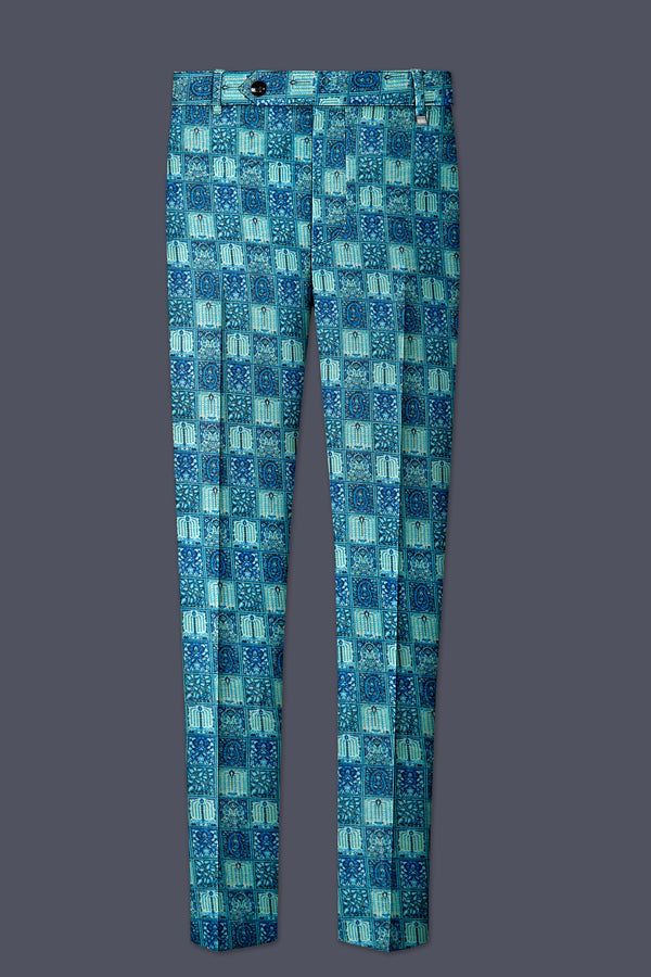 Mosaivoro-Caribbean Blue Geometric Mosaic Printed Wool Rich Stretchable Waistband Pant
