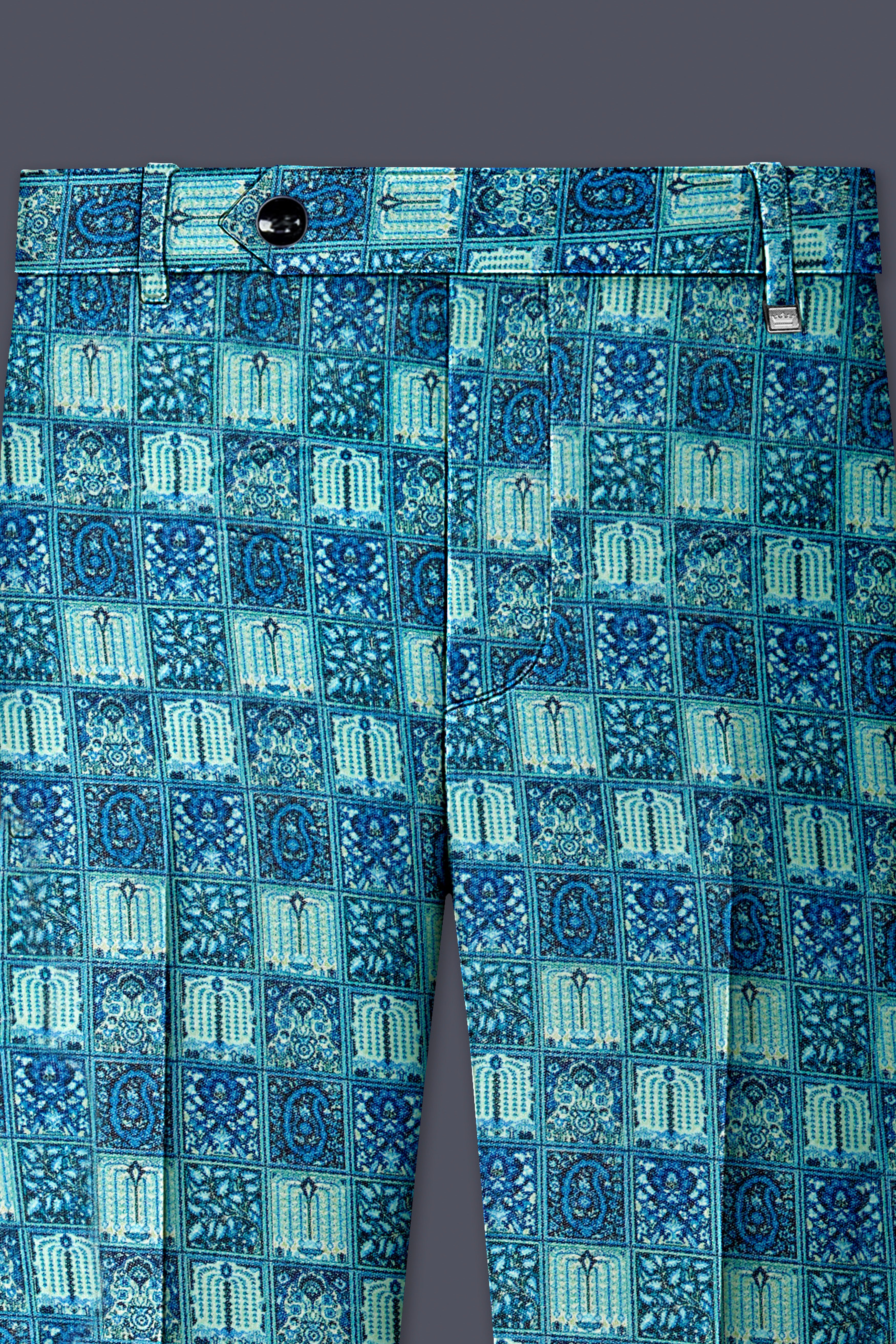 Mosaivoro-Caribbean Blue Geometric Mosaic Printed Velvet Stretchable Waistband Pant