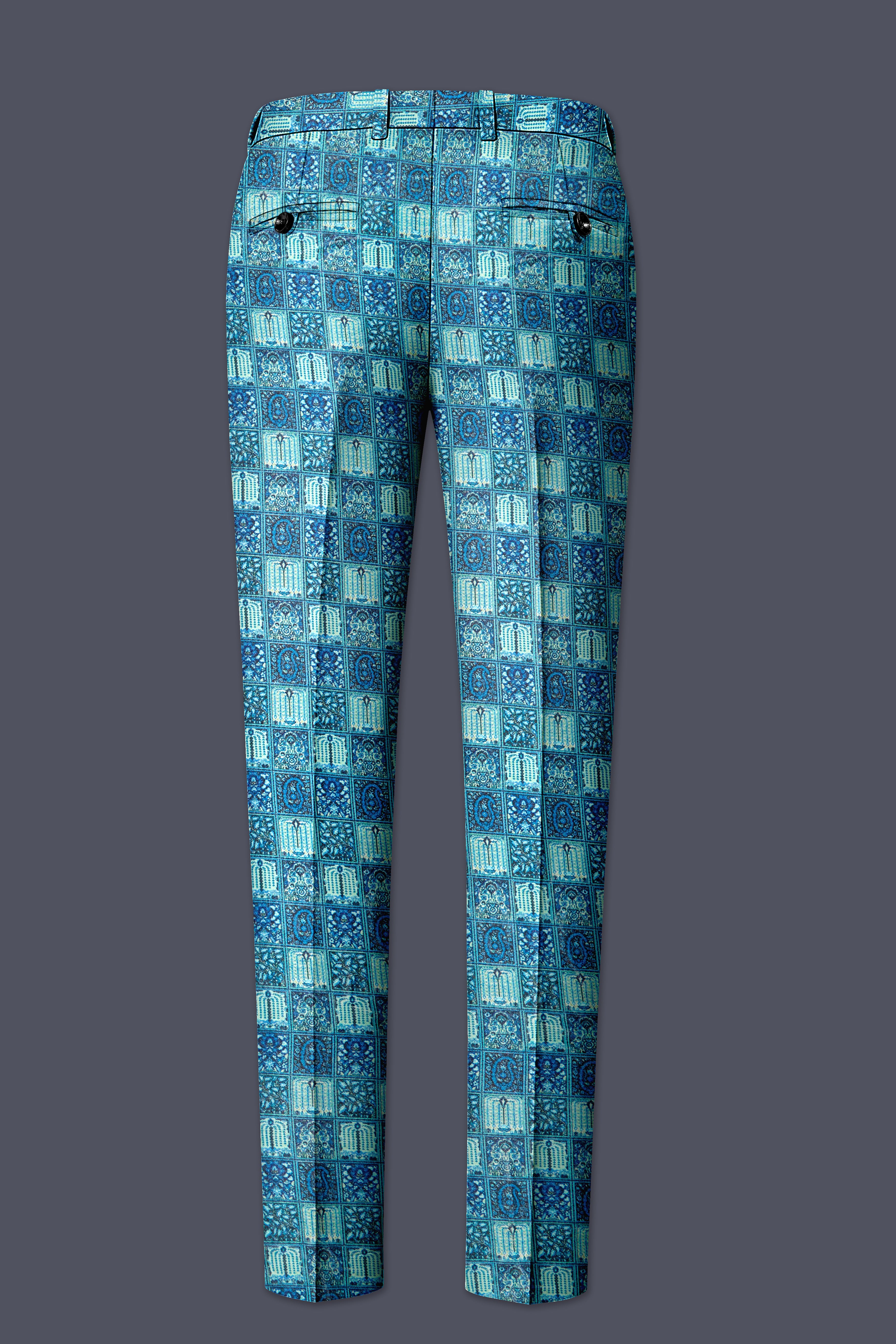 Mosaivoro-Caribbean Blue Geometric Mosaic Printed Velvet Stretchable Waistband Pant