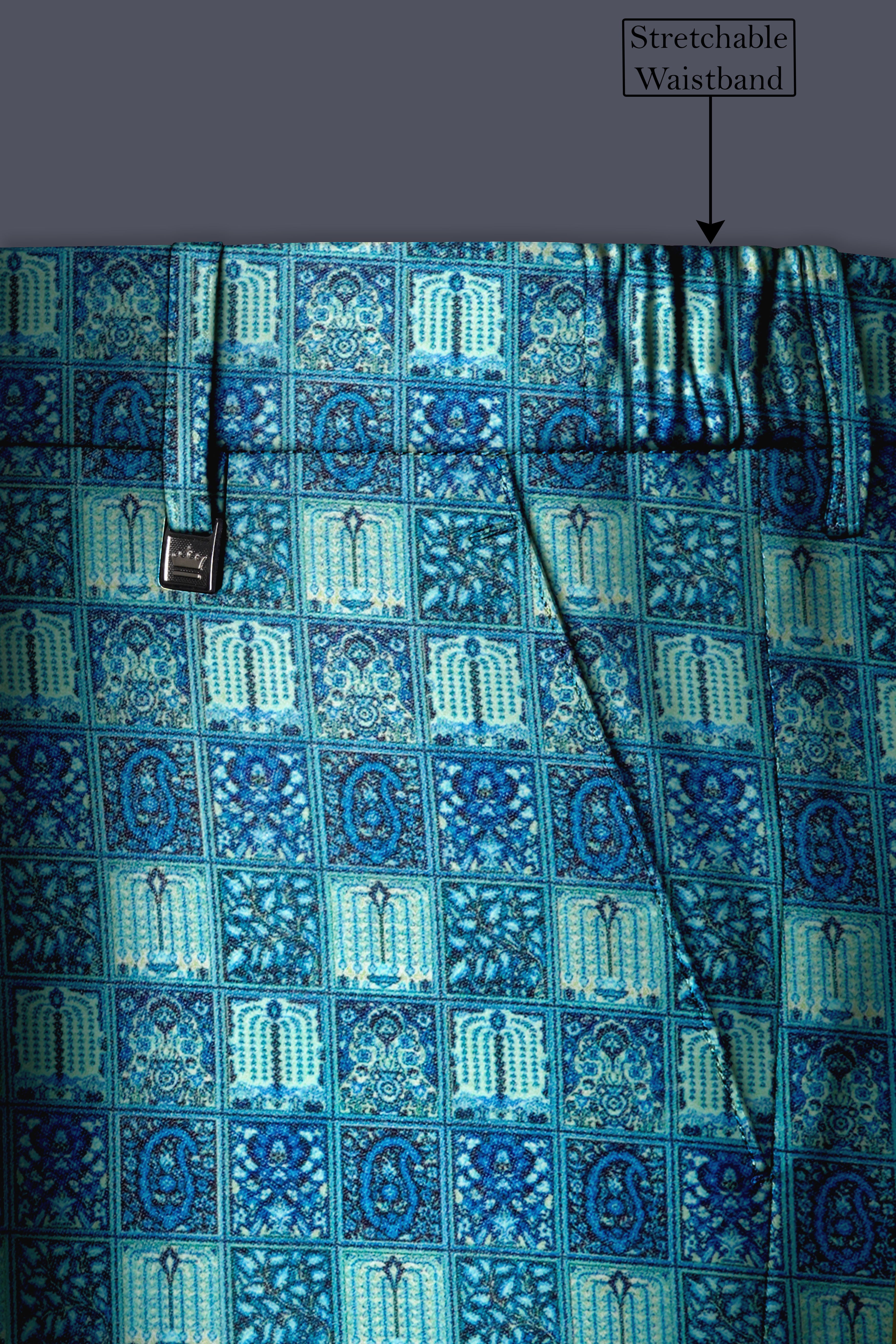 Mosaivoro-Caribbean Blue Geometric Mosaic Printed Velvet Stretchable Waistband Pant