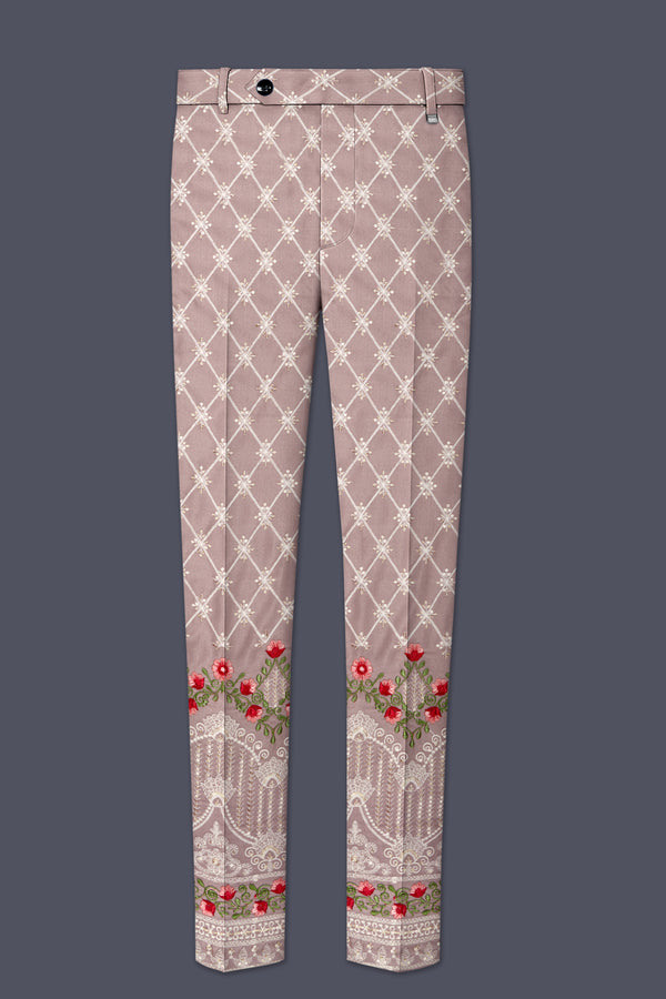 Luminza-Martini Cream Merlot Red Multicolour Thread and Sequin Embroidered Designer Stretchable Waistband Pant