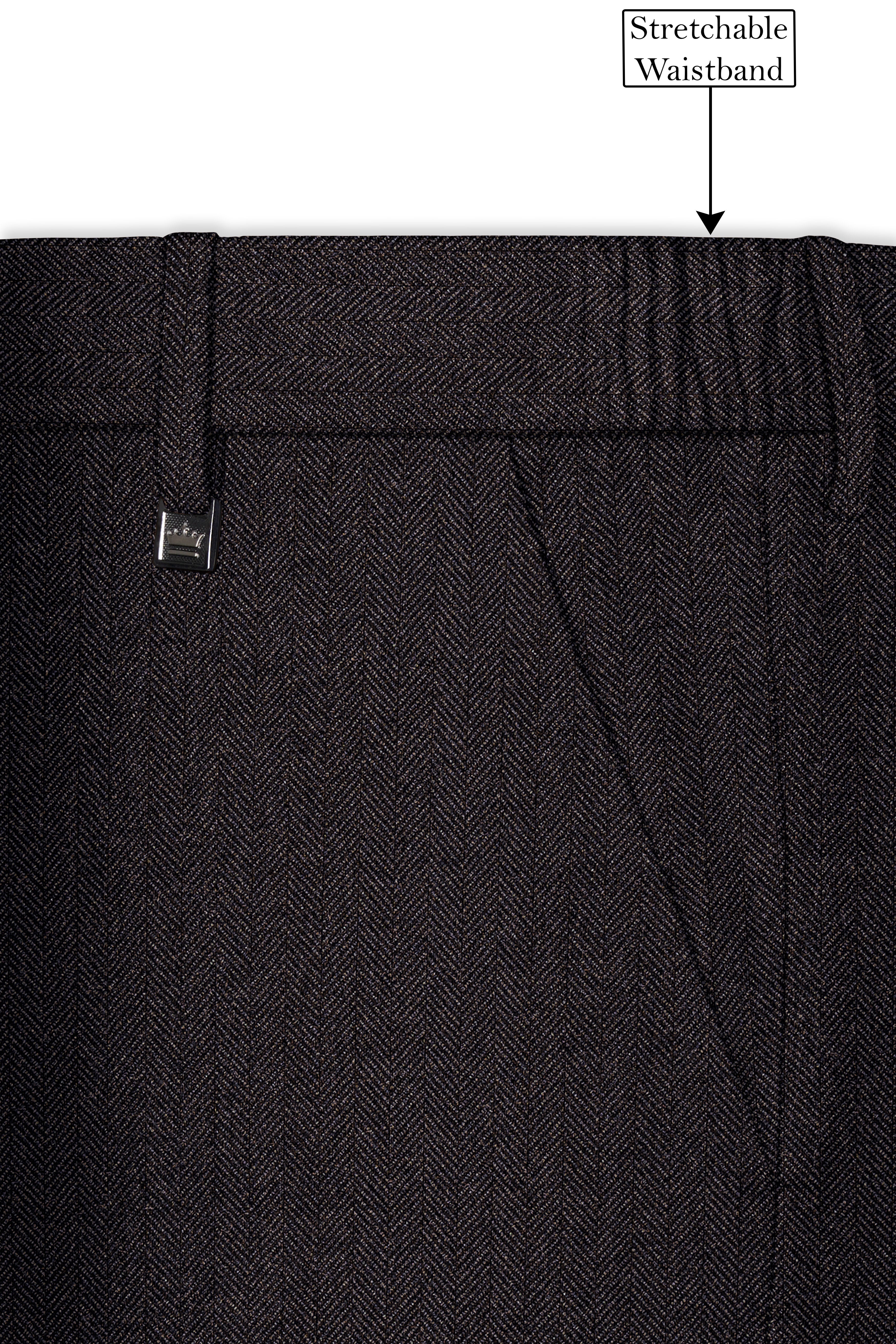 Aurezion-Zeus Brown Herringbone Textured Tweed Stretchable Waistband Pant