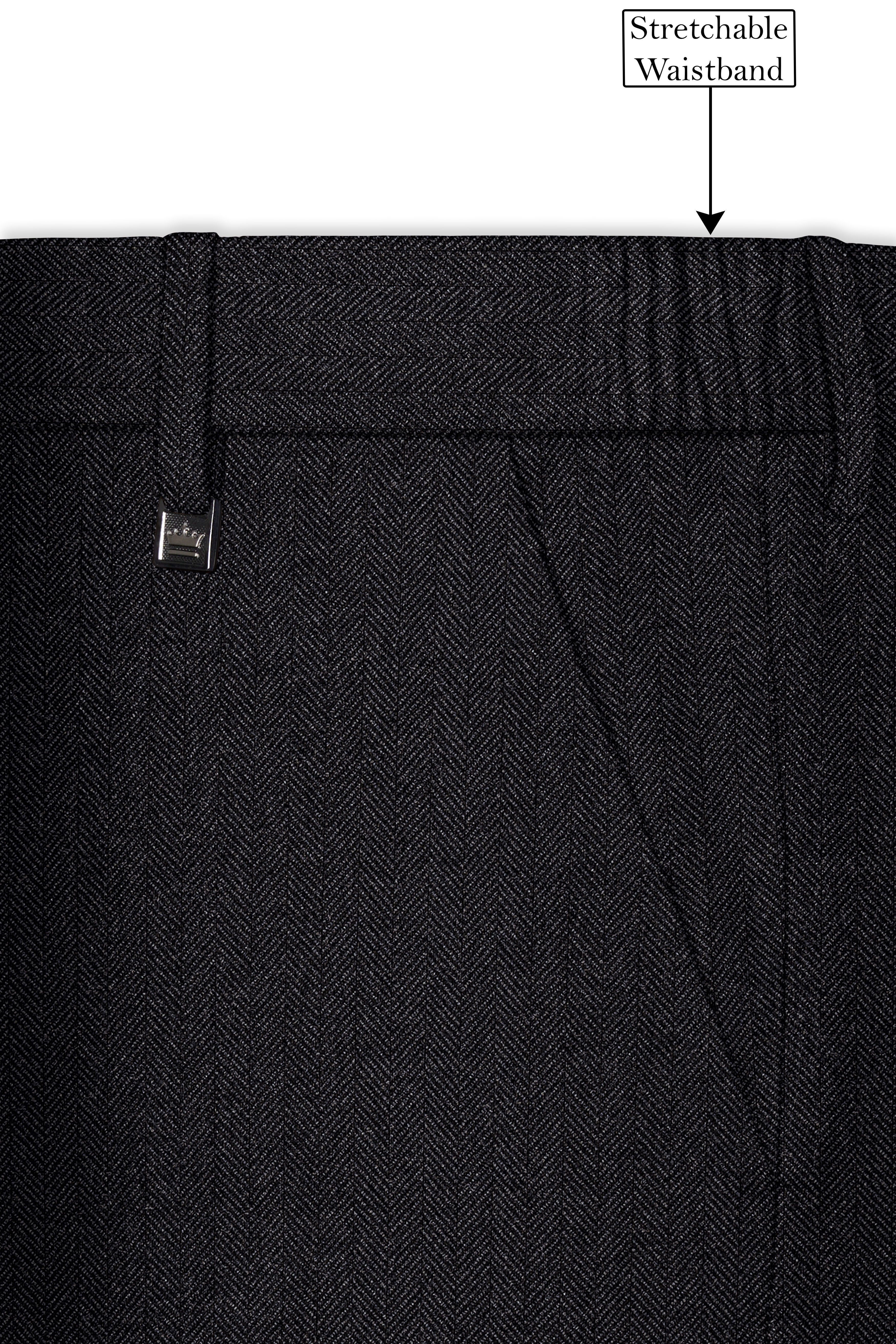 Imperion-Charcoal Gray Herringbone Textured Tweed Stretchable Waistband Pant