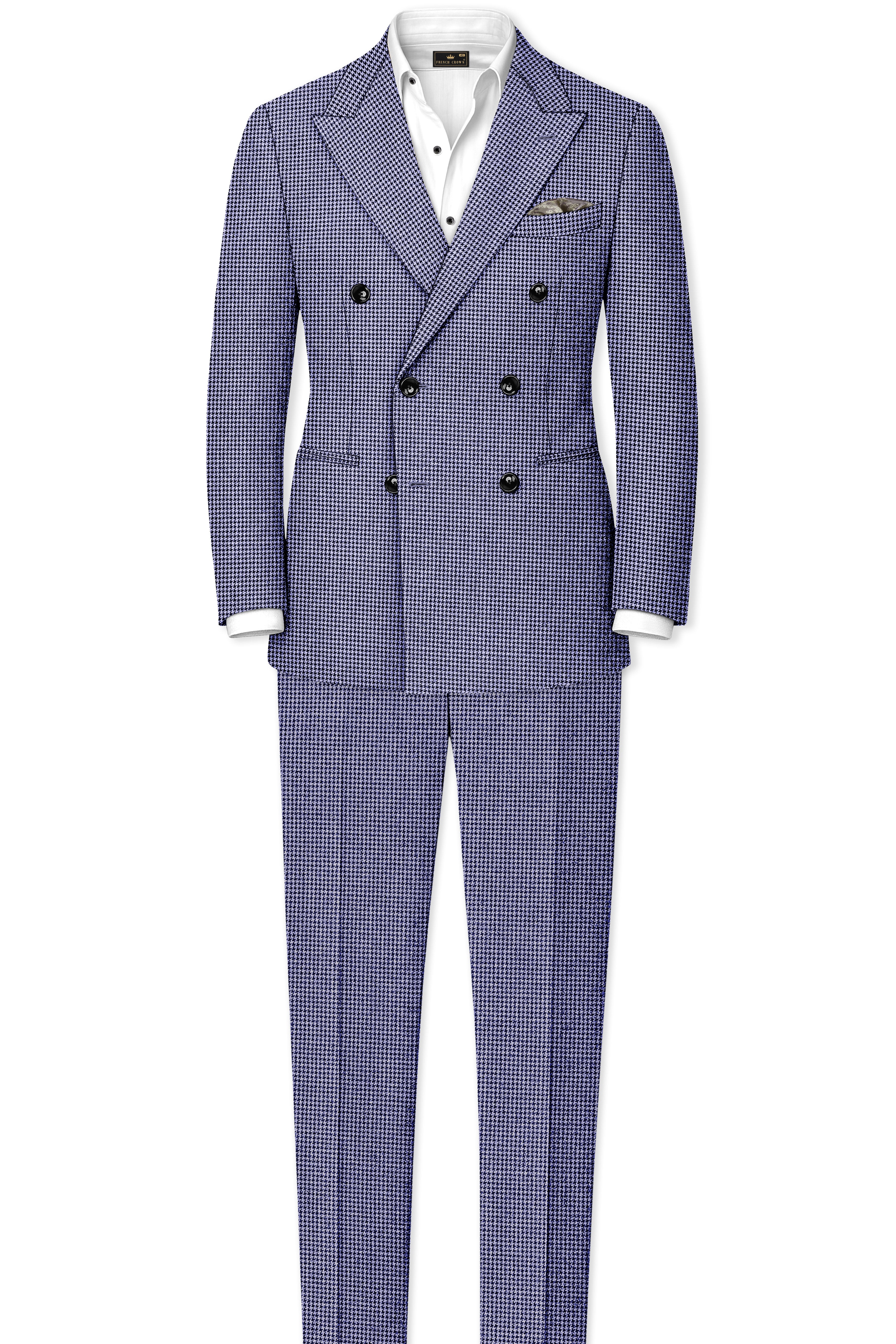 Dusk-Mulled Blue Classic Houndstooth Textured Tweed Stretchable Waistband Pant