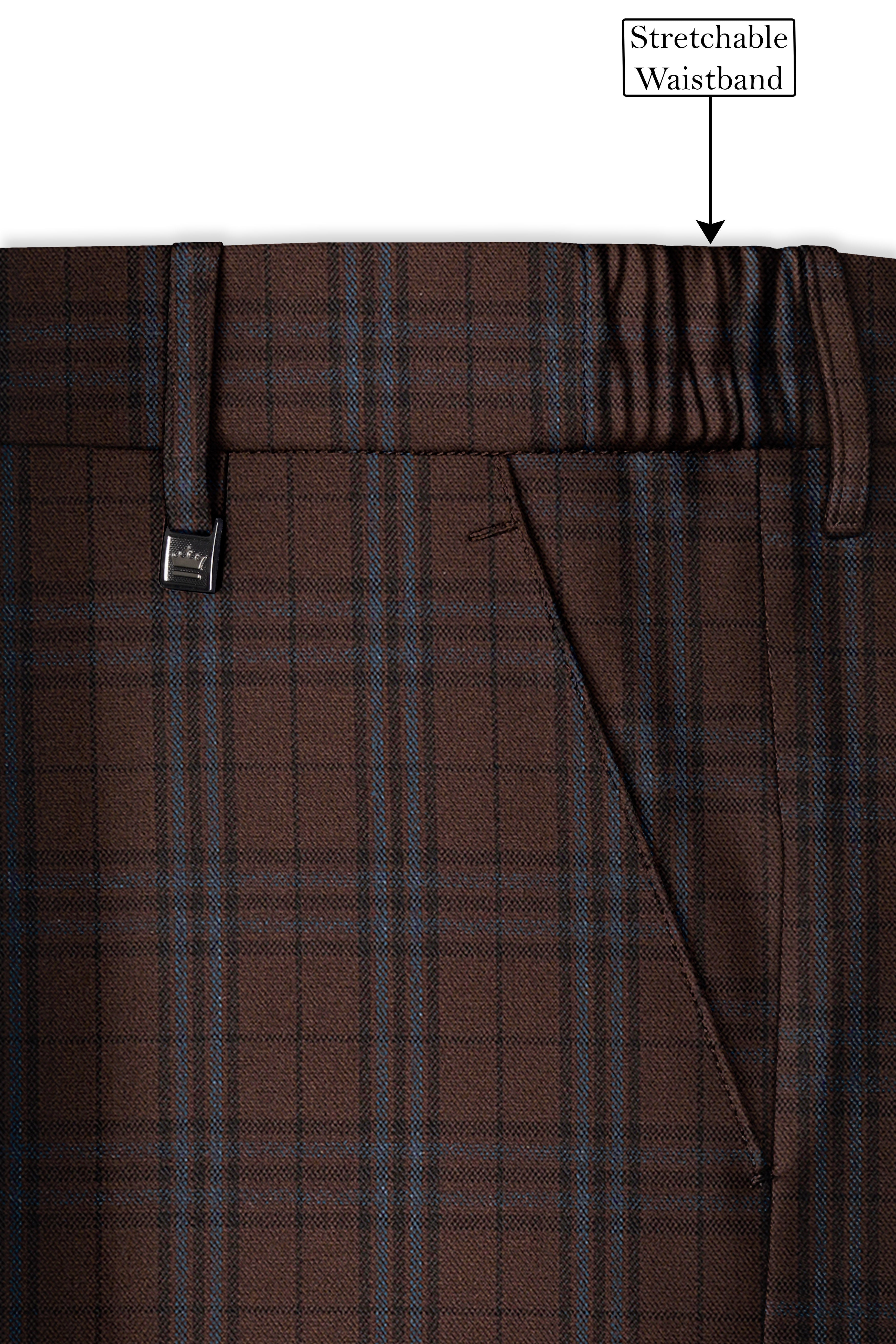 Cedar-Gingerbread Brown Plaid Wool Rich Stretchable Waistband Pant