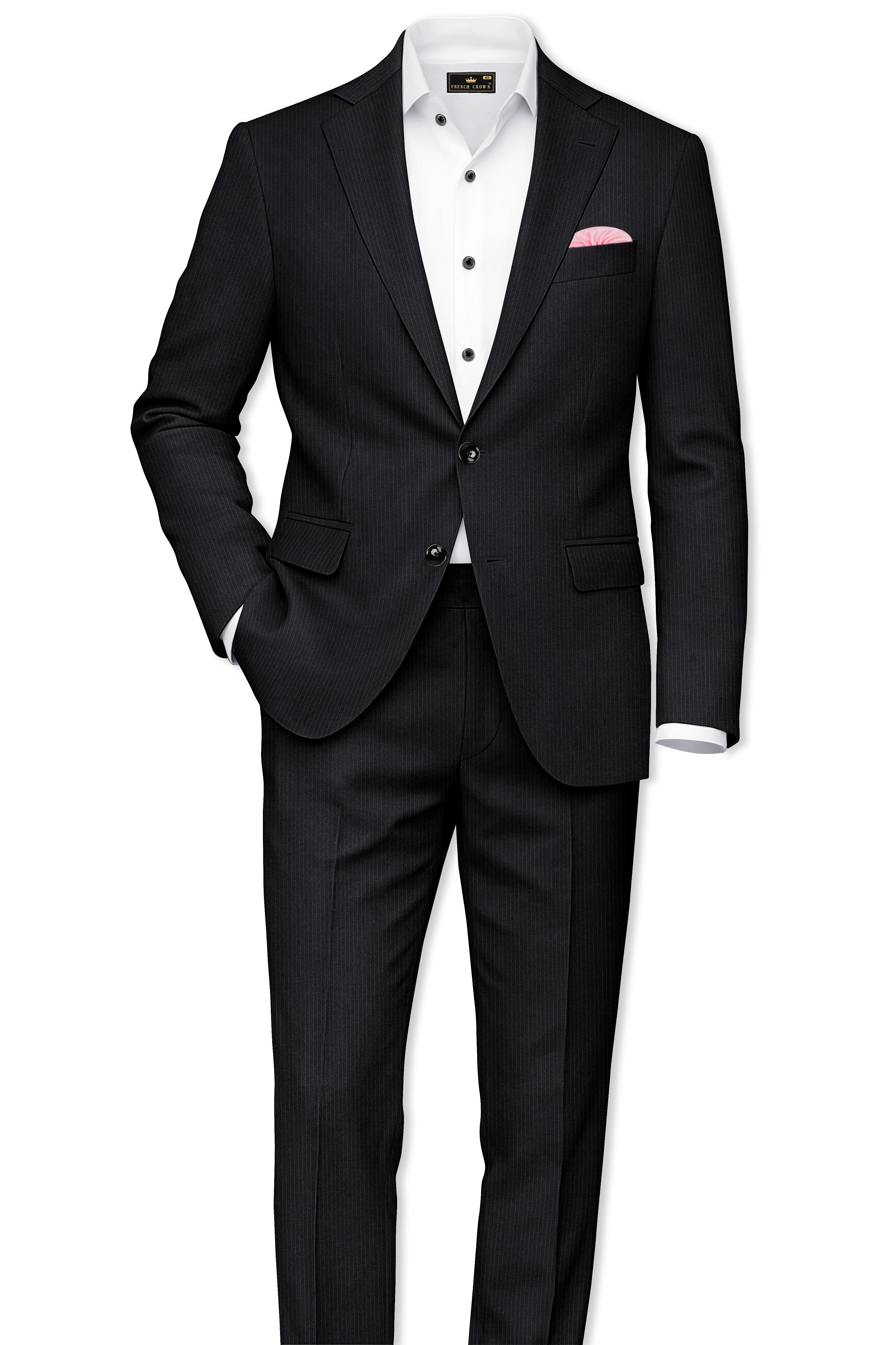Noir-Jade Black Pencil Striped Wool Rich Slight Stretch Waistband Pant