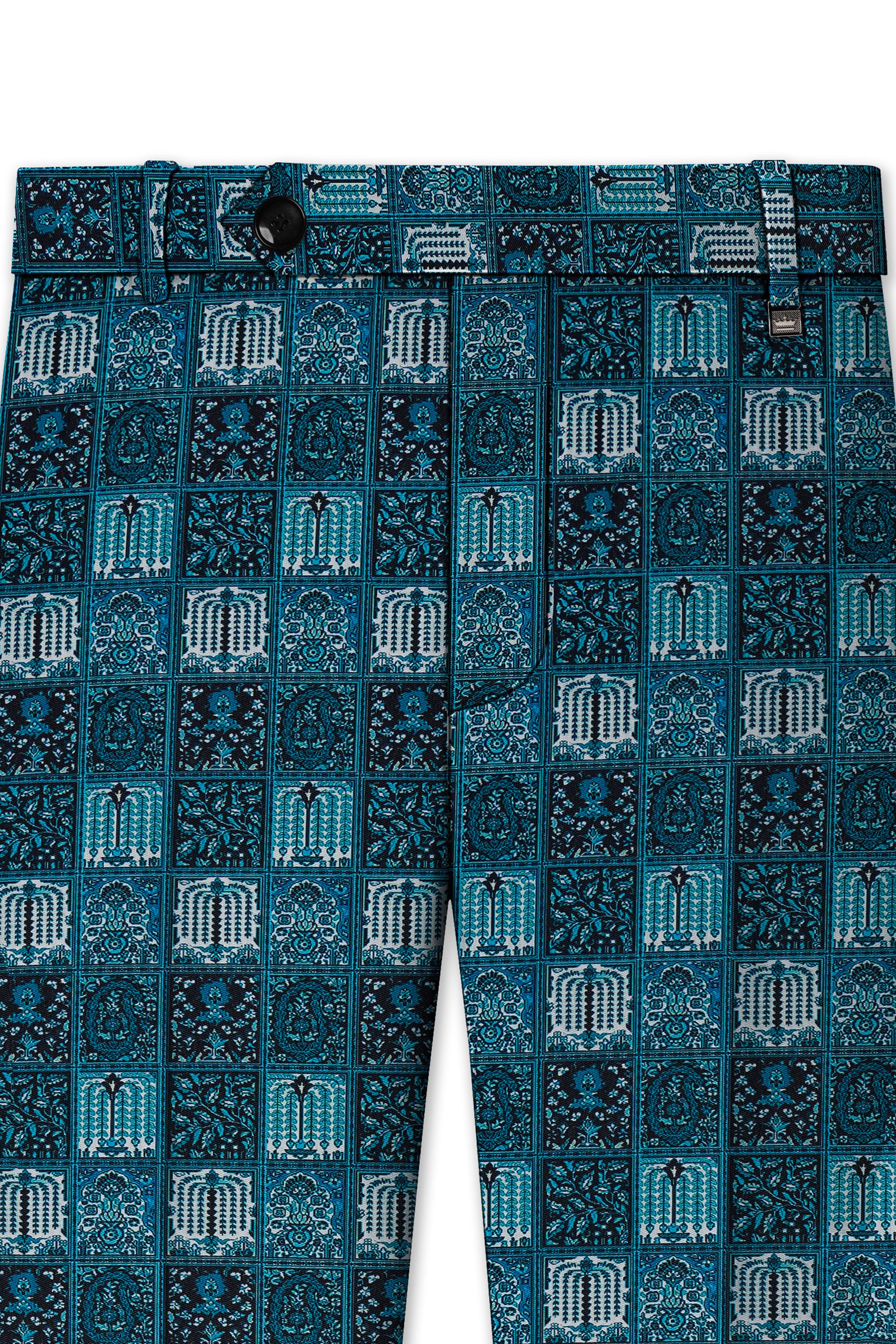 Zenith-Astronaut Blue Geometric Mosaic Printed Wool Rich Waistband Pant