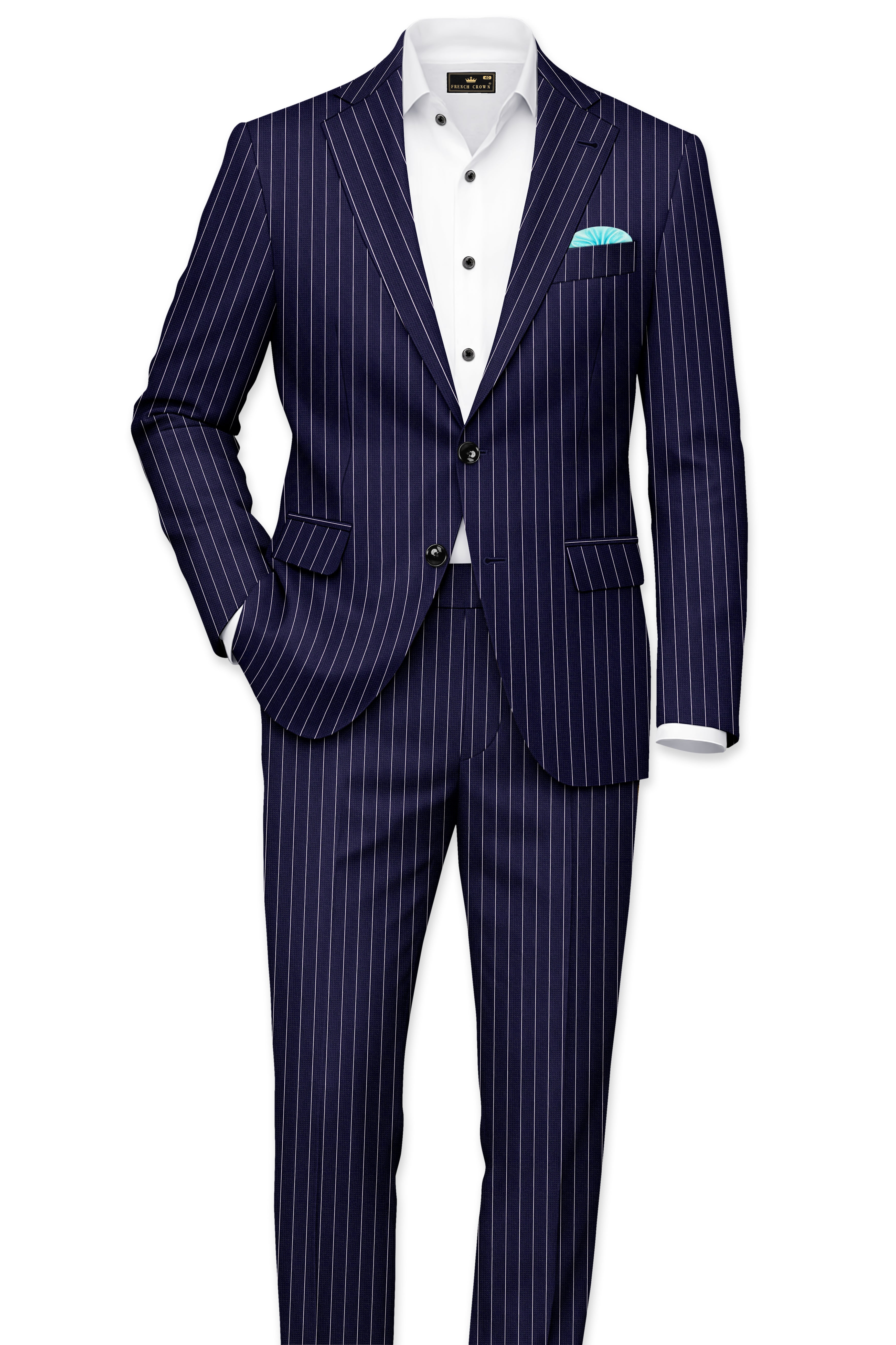 Ascot-Berry Blue And Bright White Chalk Striped Wool Rich Slight Stretch Waistband Pant