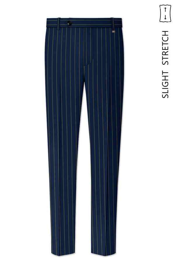 Aurum-Midnight Blue And Harvest Yellow Chalk Striped Wool Rich Slight Stretch Waistband Pant