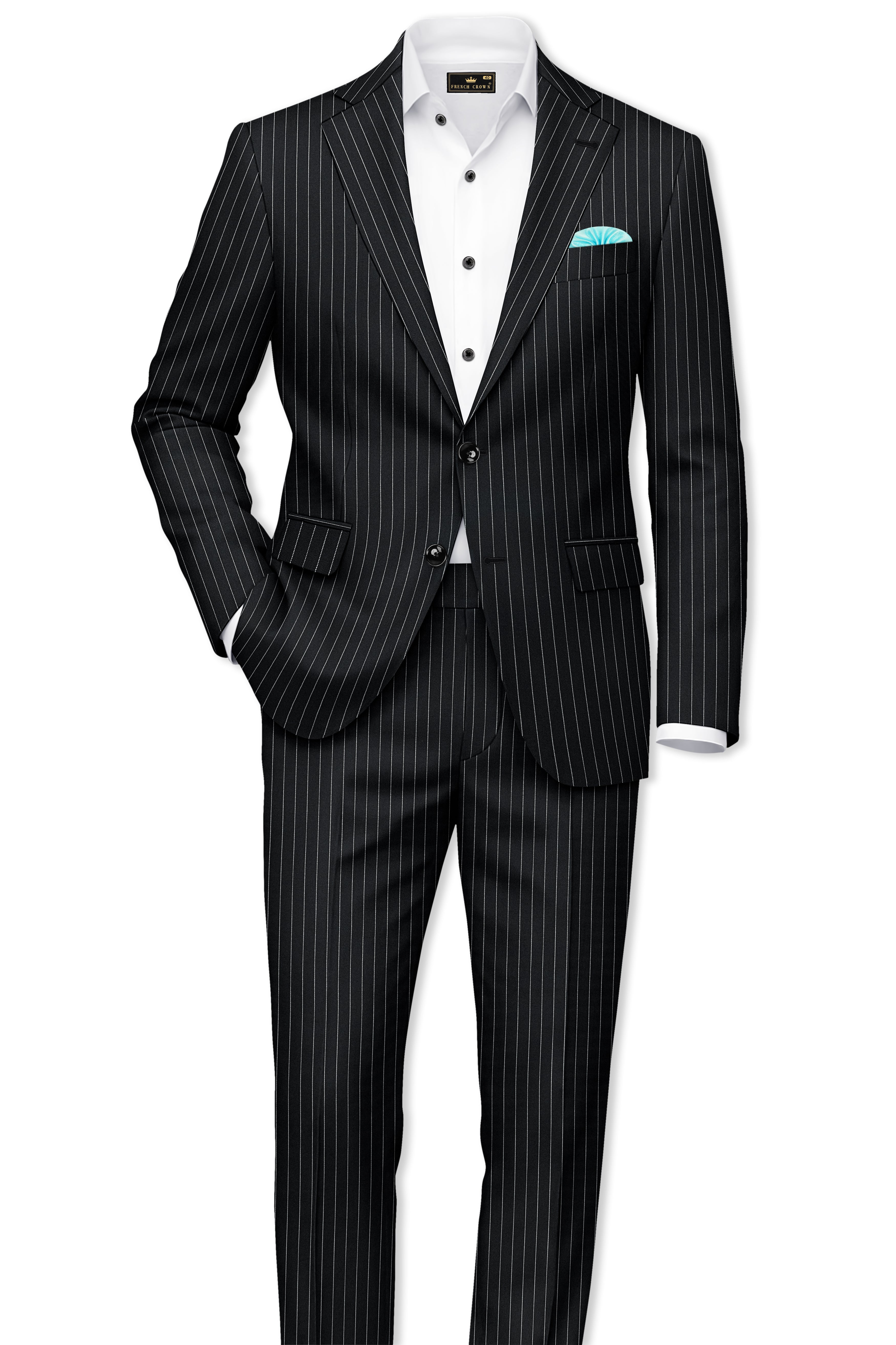 Strivon-Jade Black And Bright White Chalk Striped Wool Rich Slight Stretch Waistband Pant