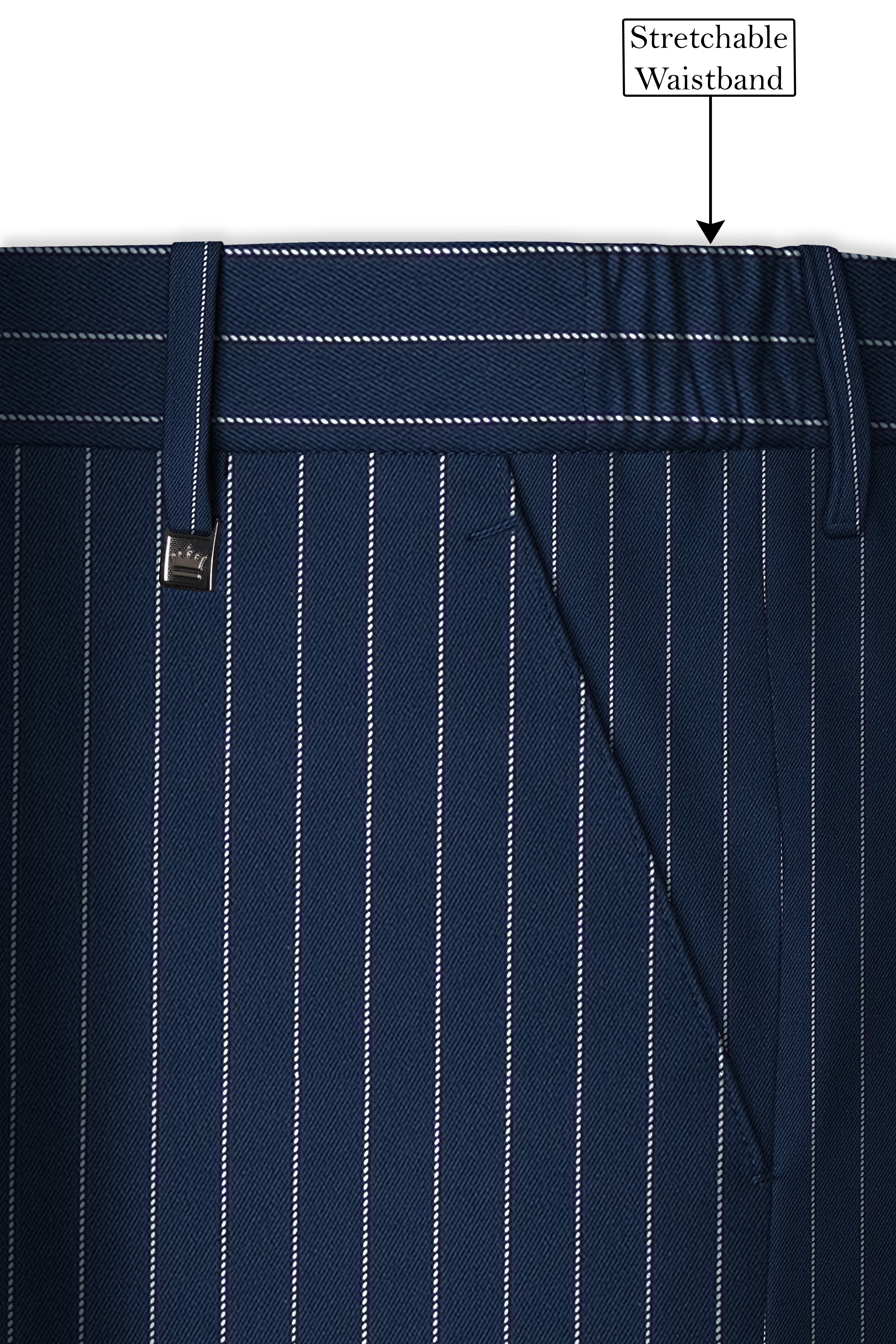 Veritus-Zodiac Blue And Bright White Chalk Striped Wool Rich Slight Stretch Waistband Pant