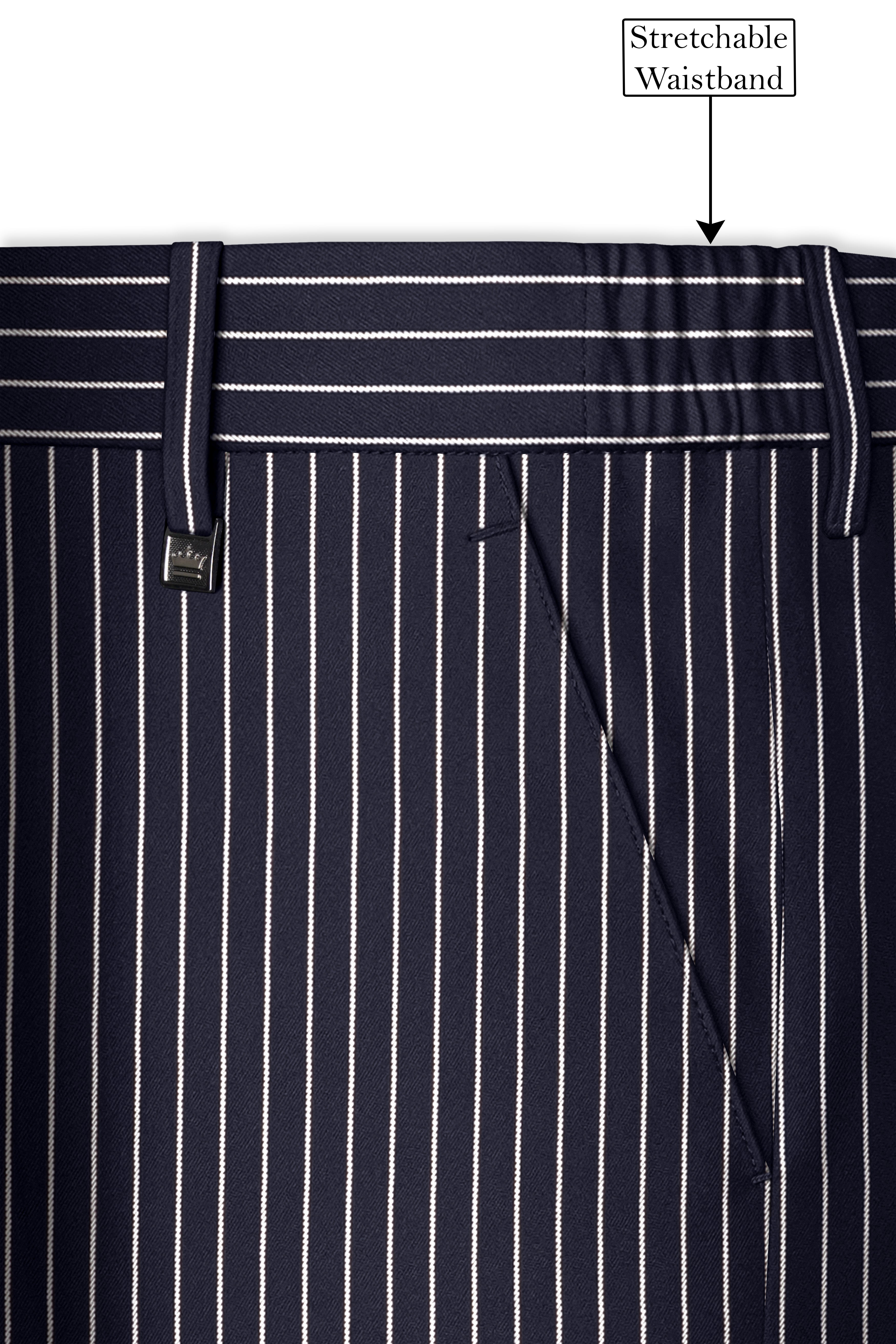 Maris-Baltic Sea Blue And Bright White Chalk Striped Wool Rich Slight Stretch Waistband Pant