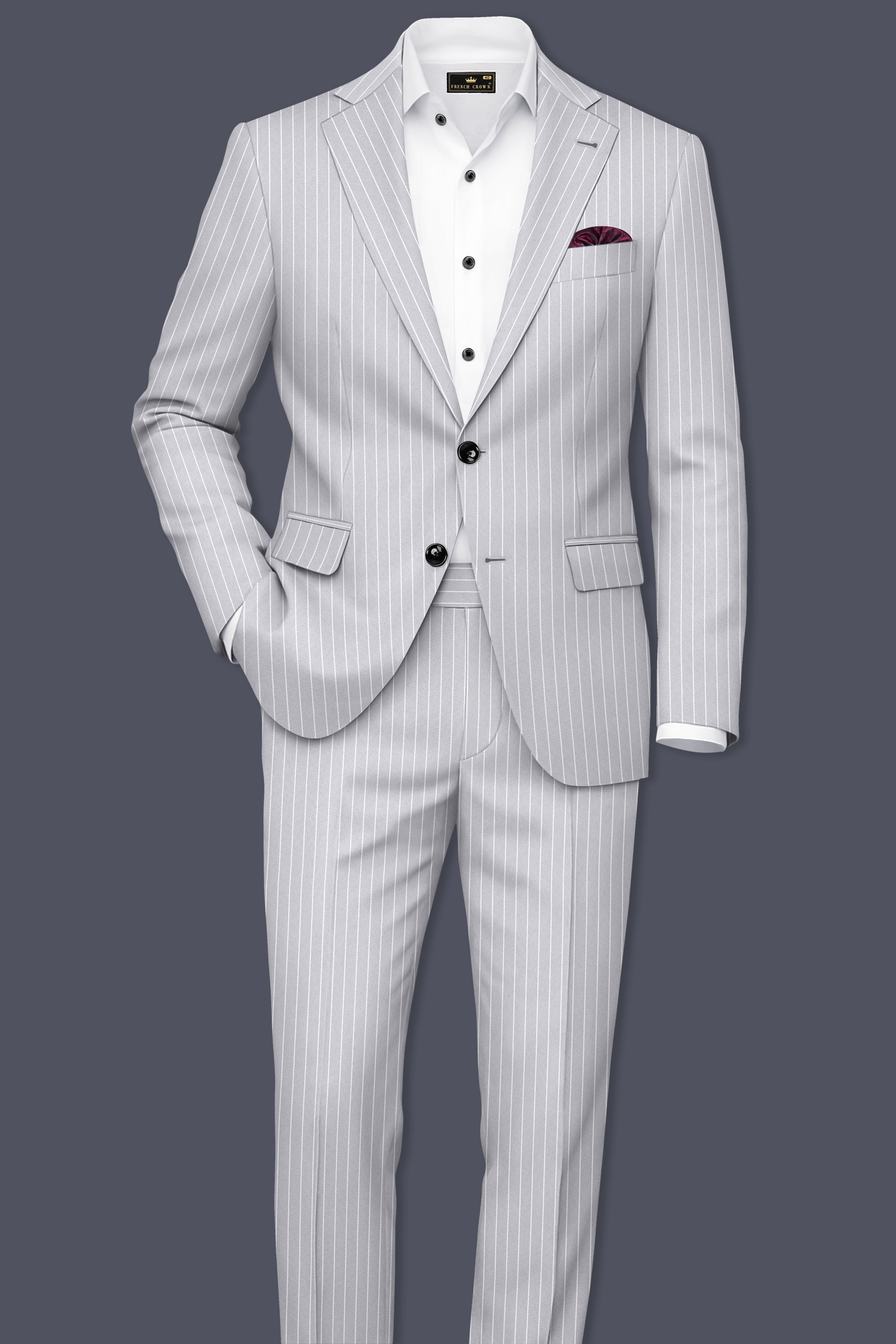 Sterlan-Goose Gray And Bright White Chalk Striped Wool Rich Slight Stretch Waistband Pant