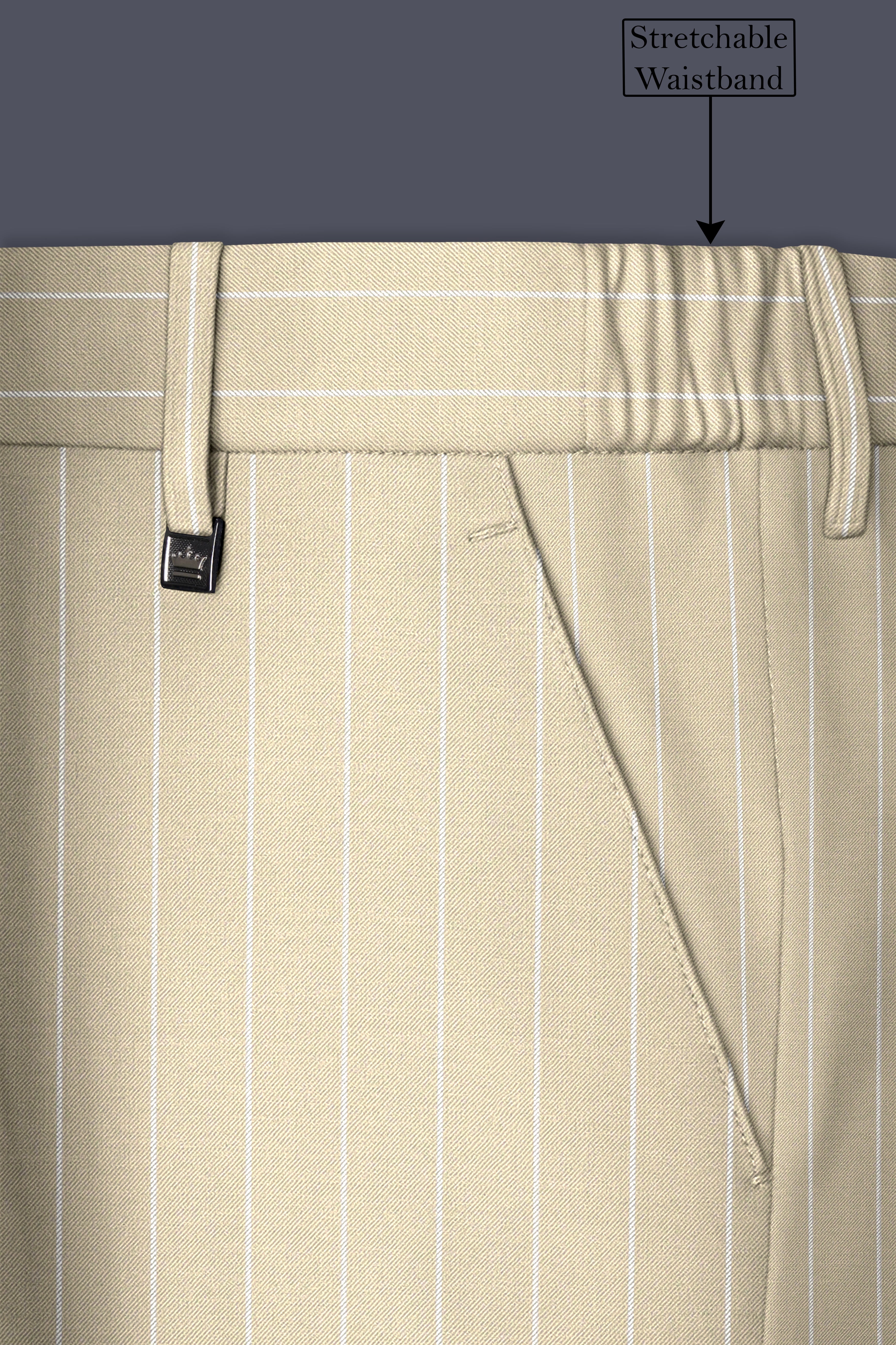Lumier-Akaroa Cream And Bright White Chalk Striped Wool Rich Slight Stretch Waistband Pant