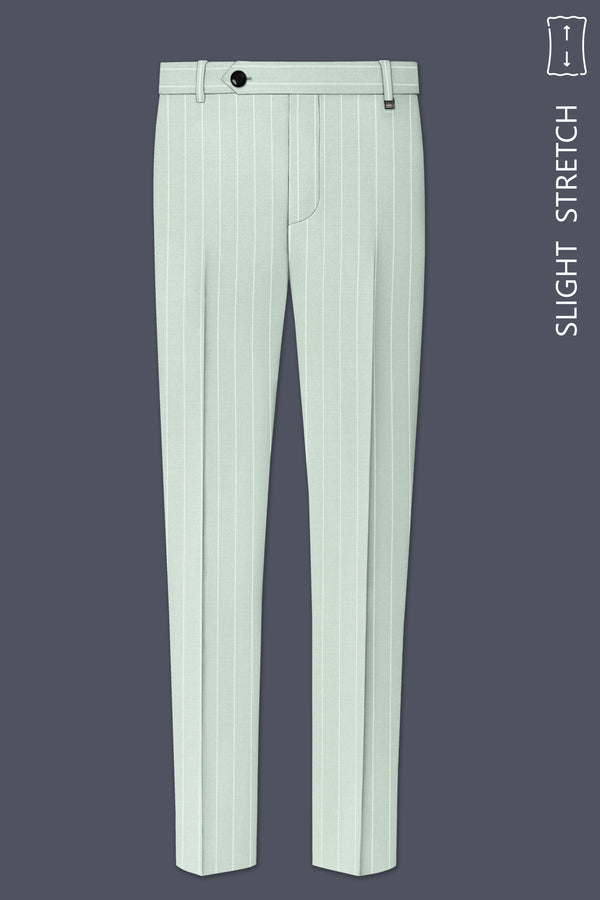 Halcyon-Pale Leaf Green And Bright White Chalk Striped Wool Rich Slight Stretch Waistband Pant
