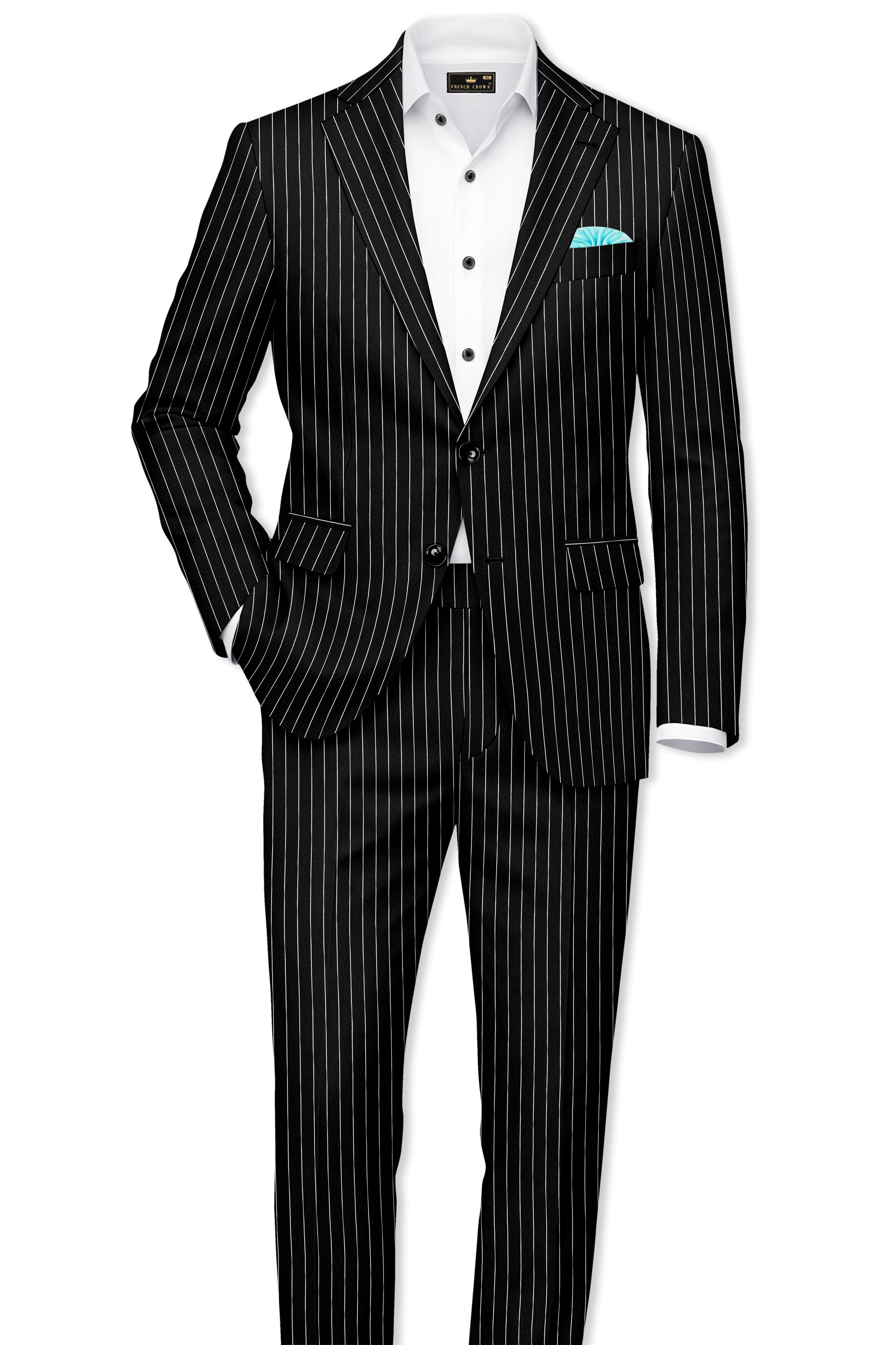 Noir-Jade Black Herringbone Striped Wool Rich Slight Stretch Waistband Pant