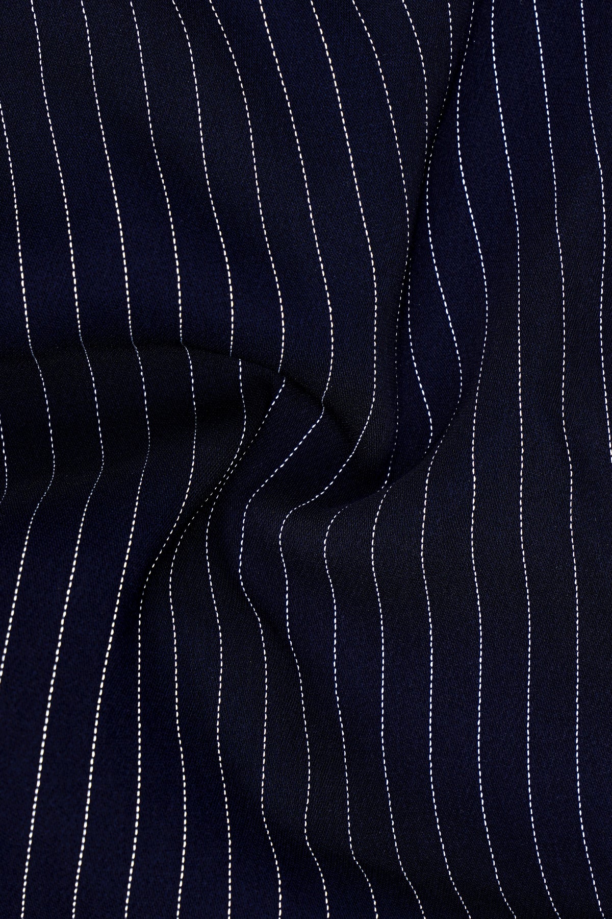 Mariner-Denim Blue And Bright White Chalk Striped Wool Rich Wrinkle-Free Fluid Drape Fabric Stretchable Waistband Pant