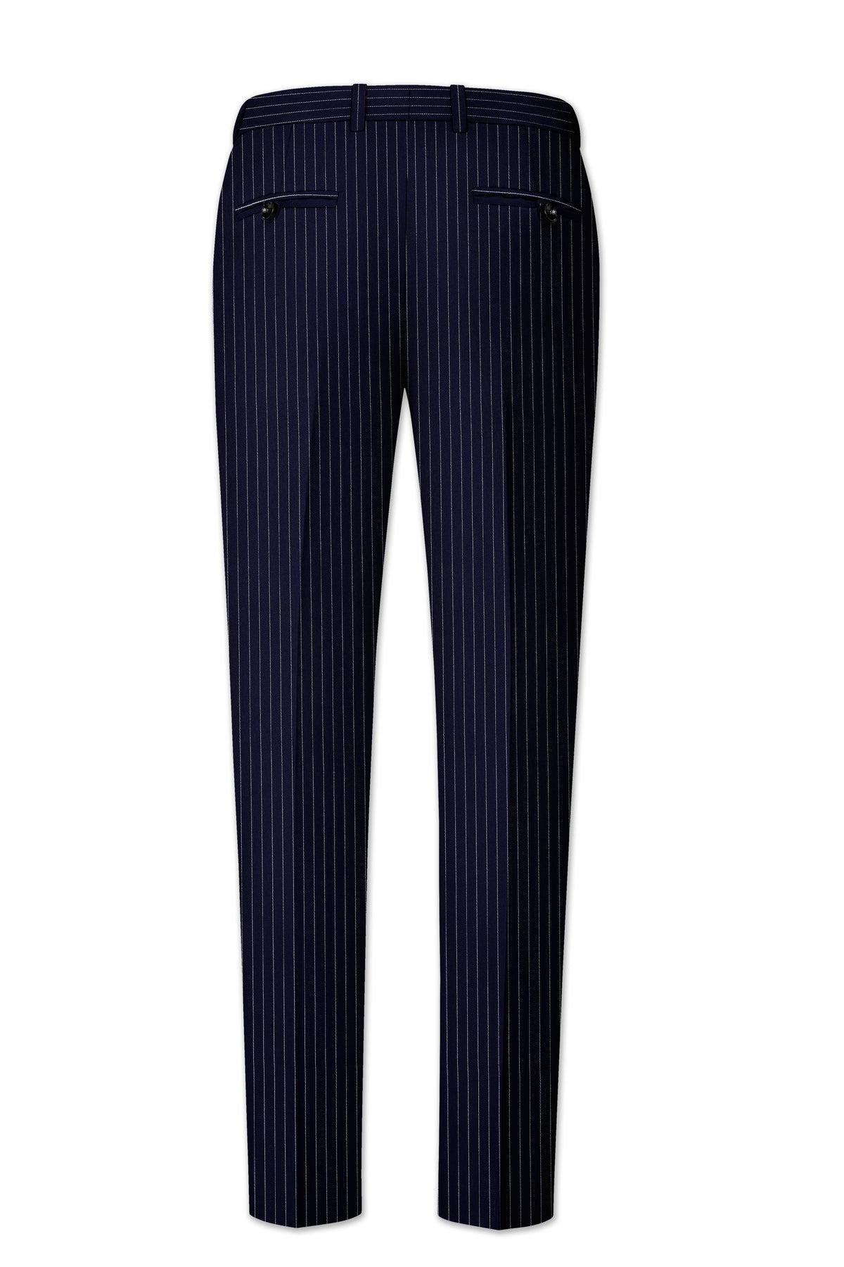 Mariner-Denim Blue And Bright White Chalk Striped Wool Rich Wrinkle-Free Fluid Drape Fabric Stretchable Waistband Pant