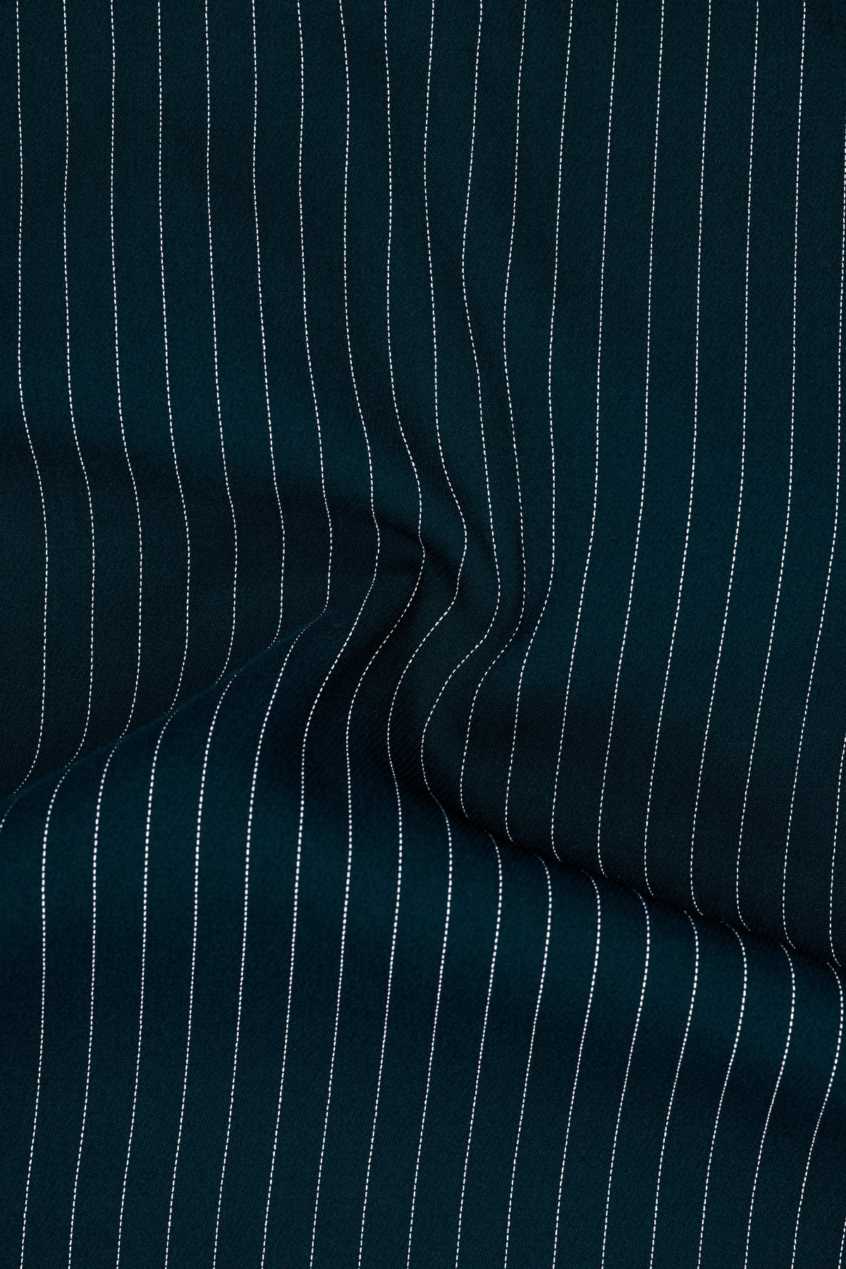 Zenith-Imperial Teal And Bright White Chalk Striped Wool Rich Wrinkle-Free Fluid Drape Fabric Stretchable Waistband Pant