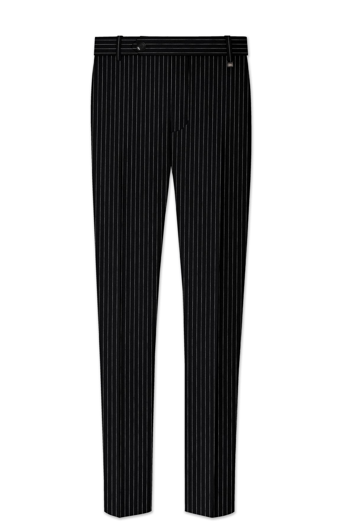 Noble-Jade Black Chalk Striped Wool Rich Wrinkle-Free Fluid Drape Fabric Stretchable Waistband Pant