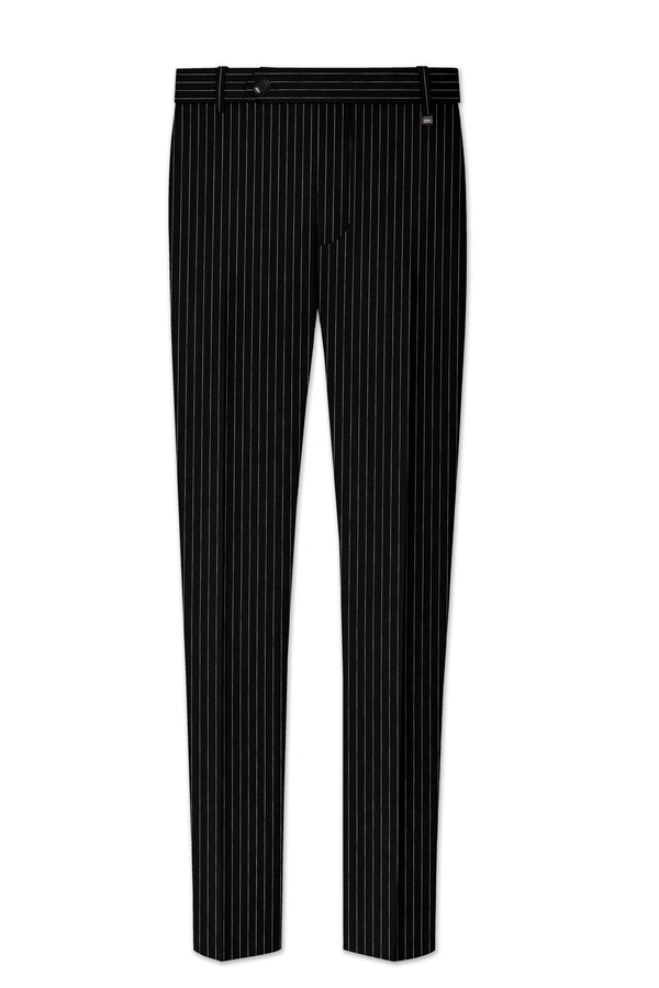 Noble-Jade Black Chalk Striped Wool Rich Wrinkle-Free Fluid Drape Fabric Stretchable Waistband Pant