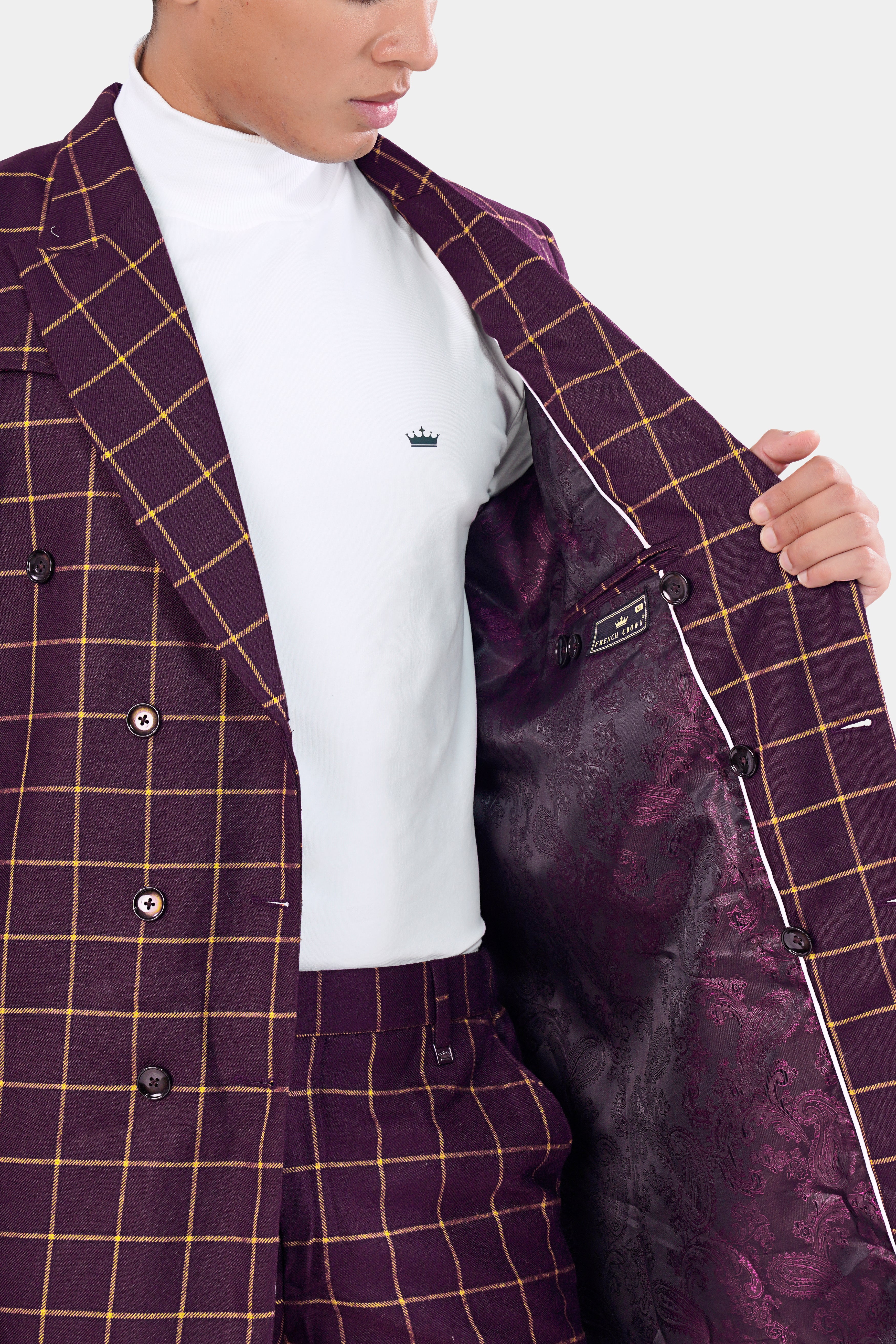 Eggplant Wine Windowpane Double Breasted Wool Rich Designer Trench Coat TCB2900-DB-D1-36, TCB2900-DB-D1-38, TCB2900-DB-D1-40, TCB2900-DB-D1-42, TCB2900-DB-D1-44, TCB2900-DB-D1-46, TCB2900-DB-D1-48, TCB2900-DB-D1-50, TCB2900-DB-D1-52, TCB2900-DB-D1-54, TCB2900-DB-D1-56, TCB2900-DB-D1-58, TCB2900-DB-D1-60