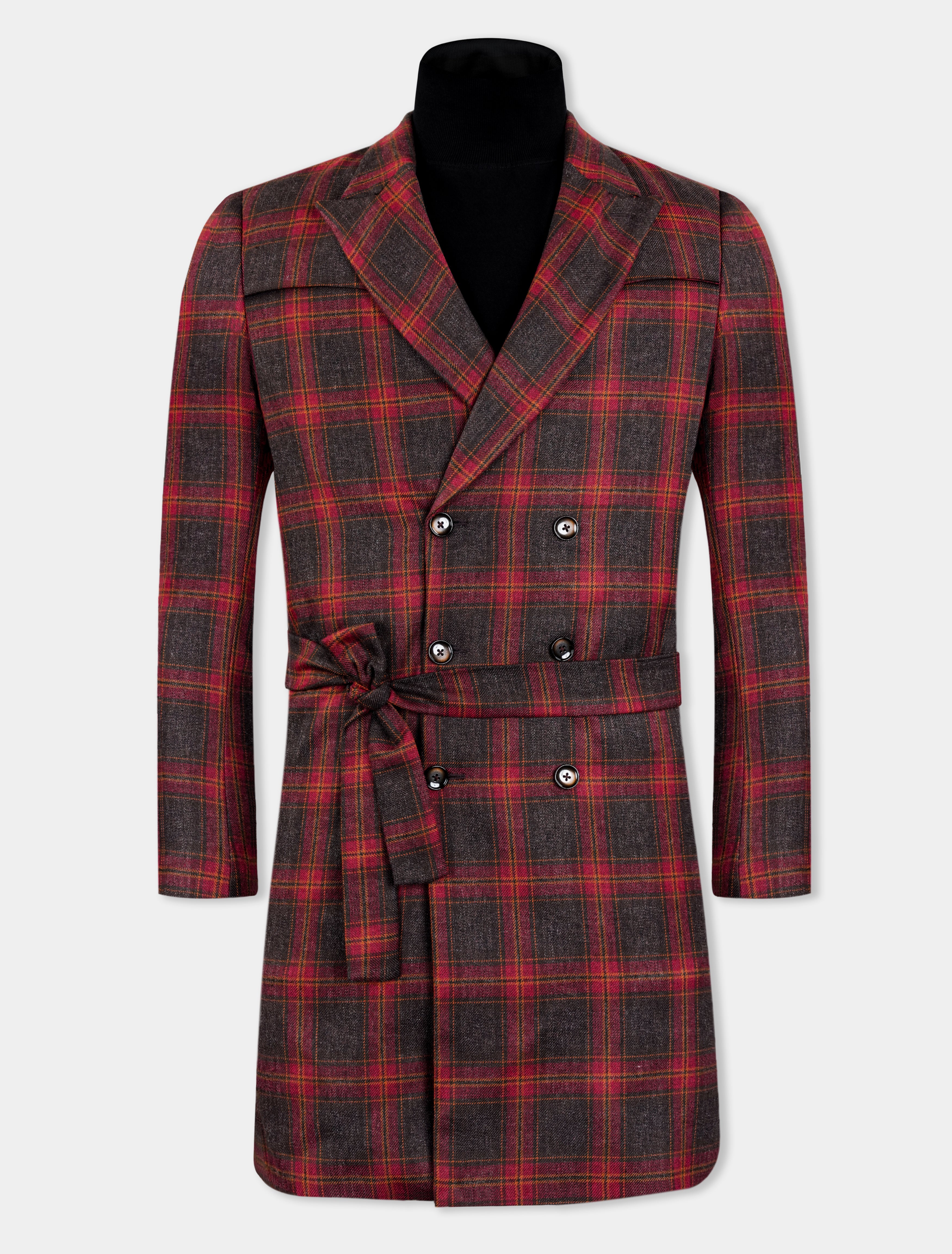 Claret Red and Walnut Brown Tweed Plaid Double Breasted Designer Trench Coat TCB2918-DB-D1-36, TCB2918-DB-D1-38, TCB2918-DB-D1-40, TCB2918-DB-D1-42, TCB2918-DB-D1-44, TCB2918-DB-D1-46, TCB2918-DB-D1-48, TCB2918-DB-D1-50, TCB2918-DB-D1-52, TCB2918-DB-D1-54, TCB2918-DB-D1-56, TCB2918-DB-D1-58, TCB2918-DB-D1-60