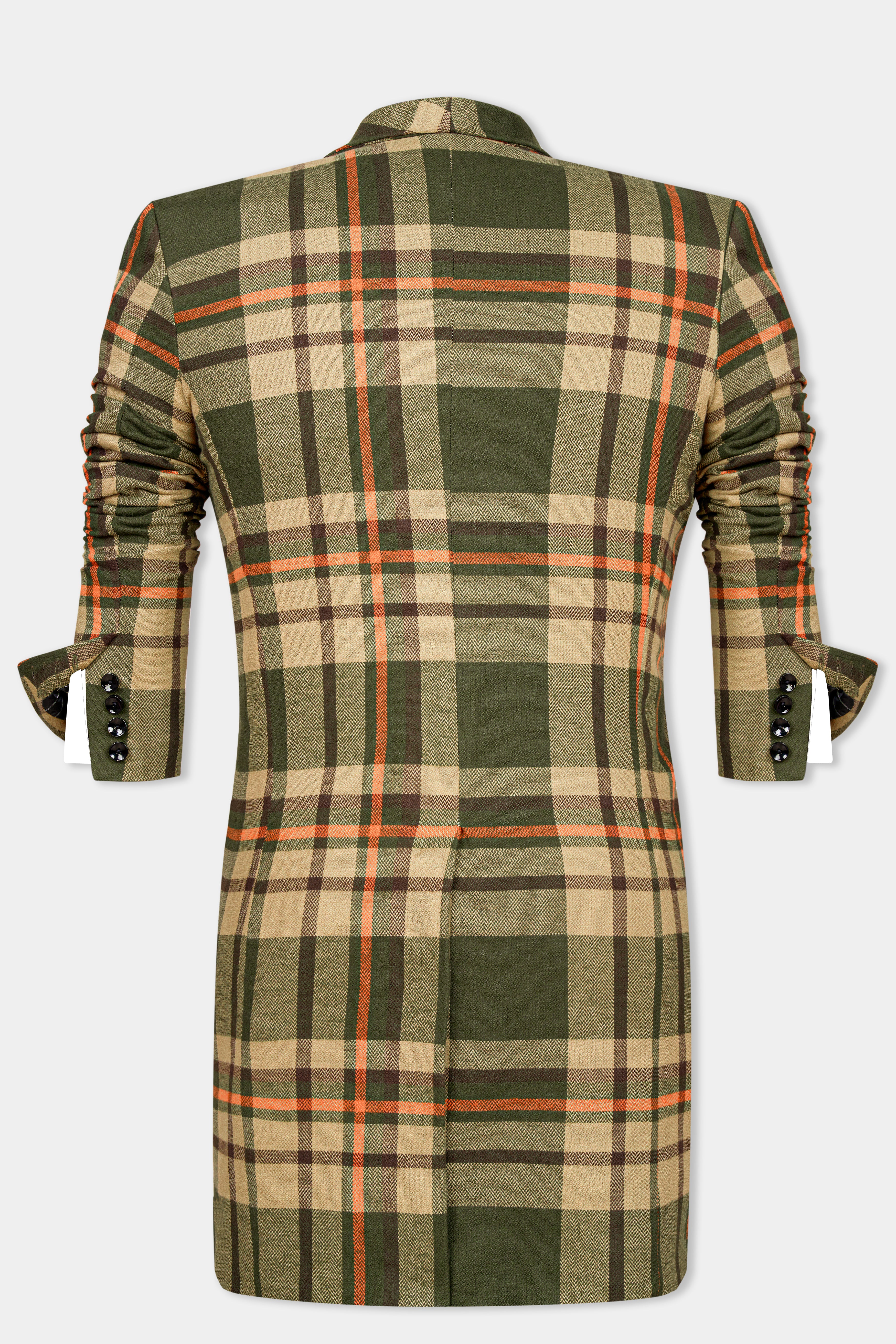 Taupe Green and Vanilla Brown Plaid Wool Rich Designer Trench Coat