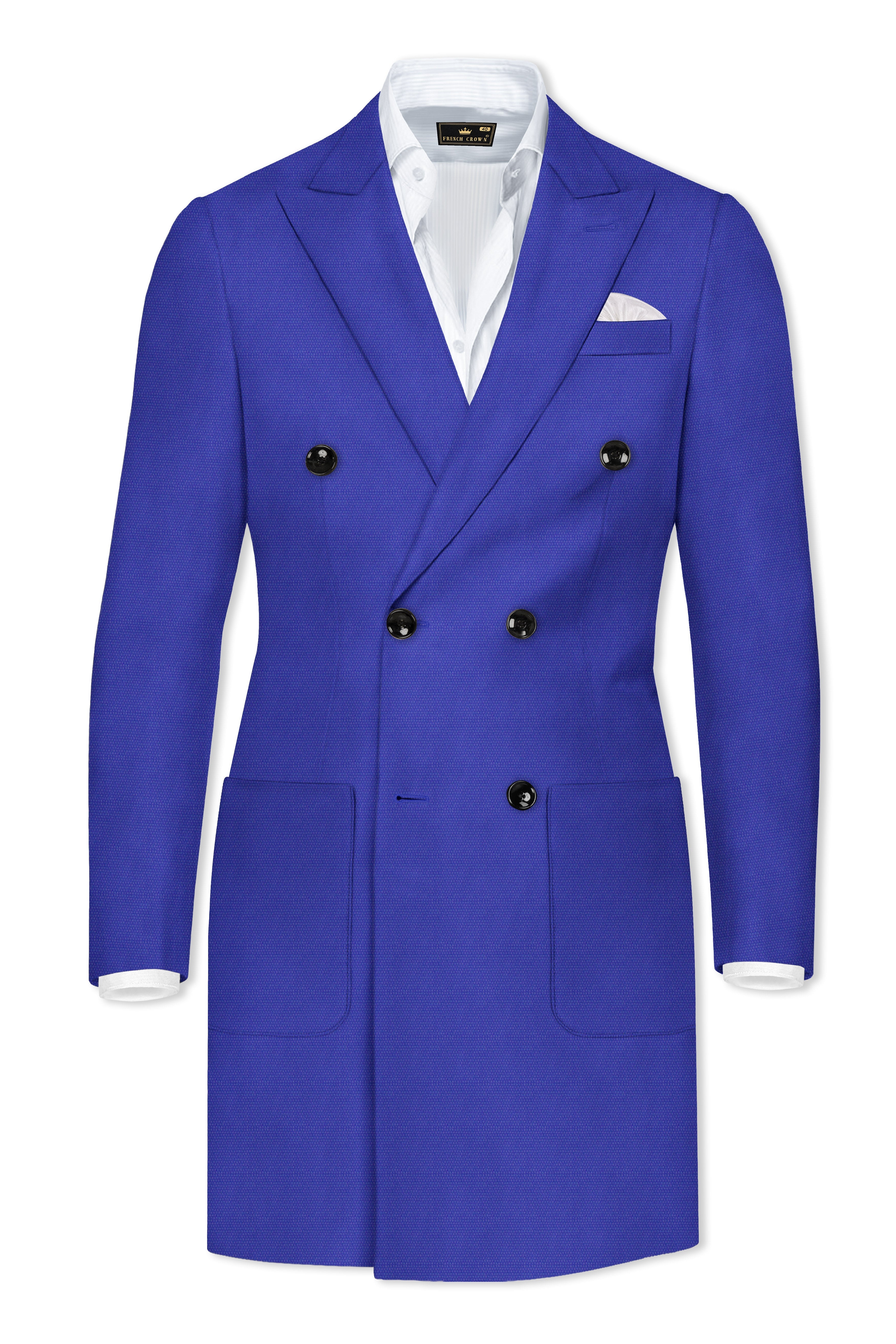Trenchio-Catalina Blue Dobby Textured Wool Rich Double Breasted Trench Coat