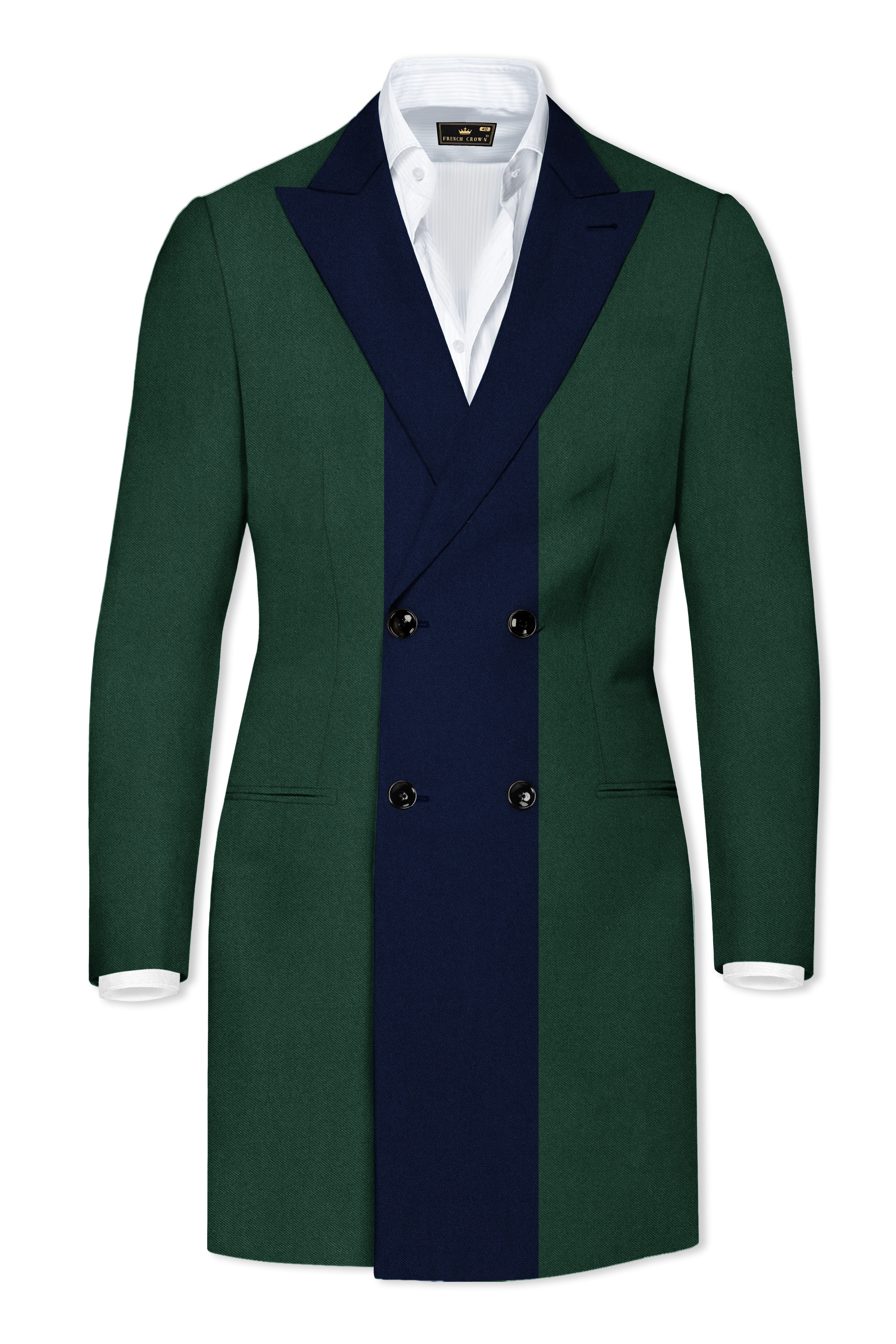 Zelvyn-Celtic Green And Mirage Blue Textured Cotton Double Breasted Designer Trench Coat