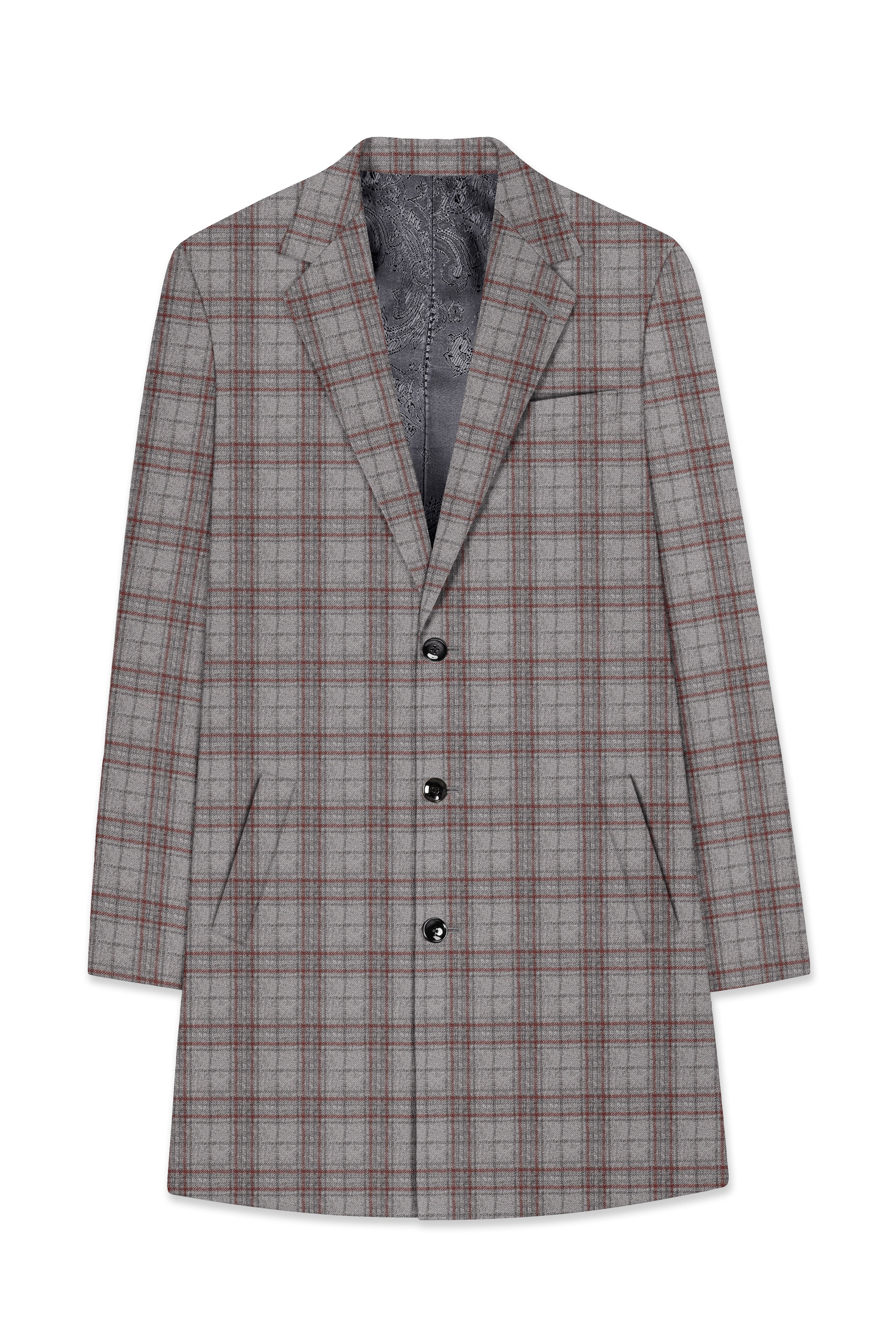 Fogwin-Warm Gray Plaid Wool Rich Single Breasted Trench Coat