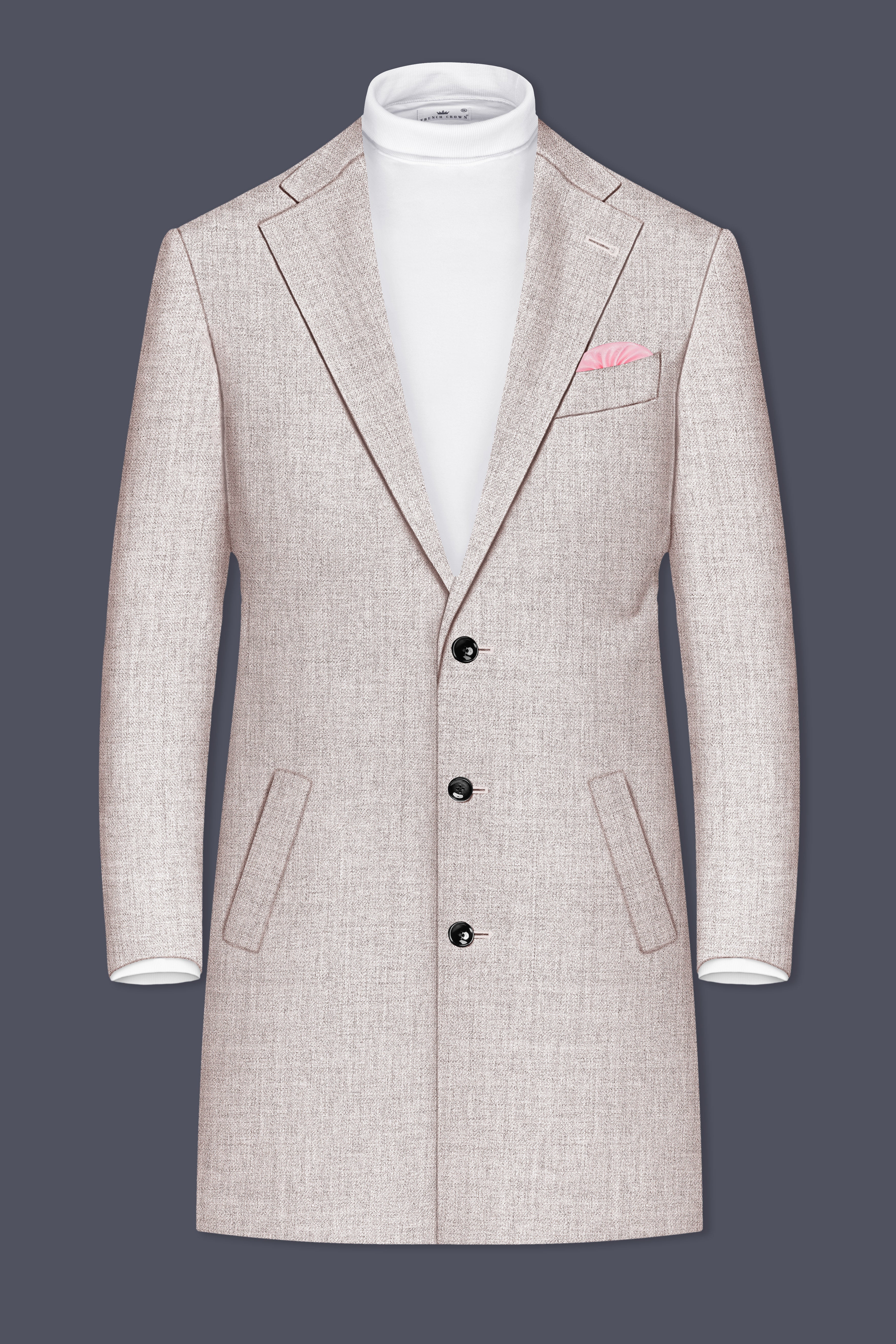 Ivorytail-Timberwolf Cream Textured Tweed Single Breasted Trench Coat