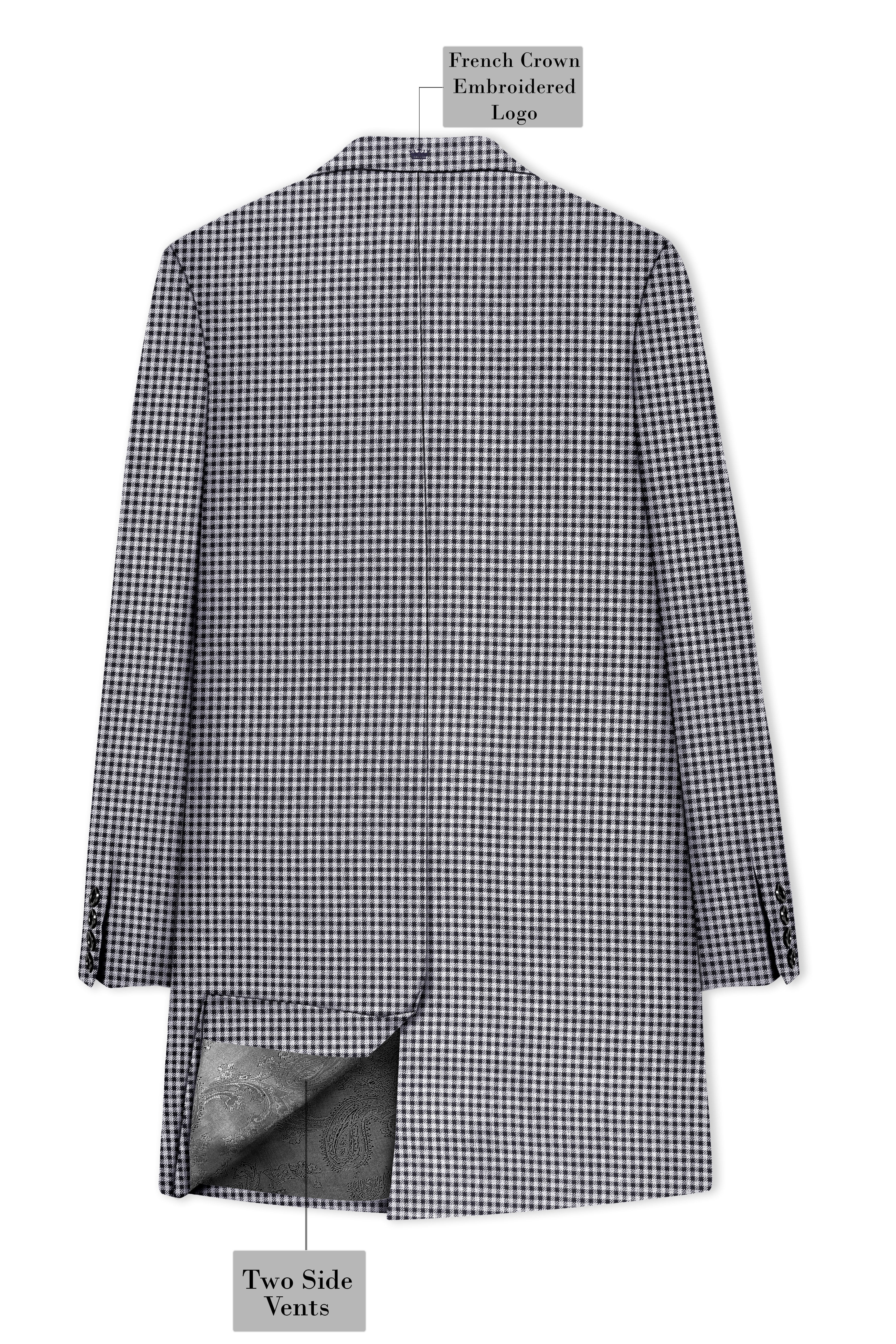 Graphite-Metallic Gray And Tuatara Gingham Plaid Tweed Single Breasted Trench Coat