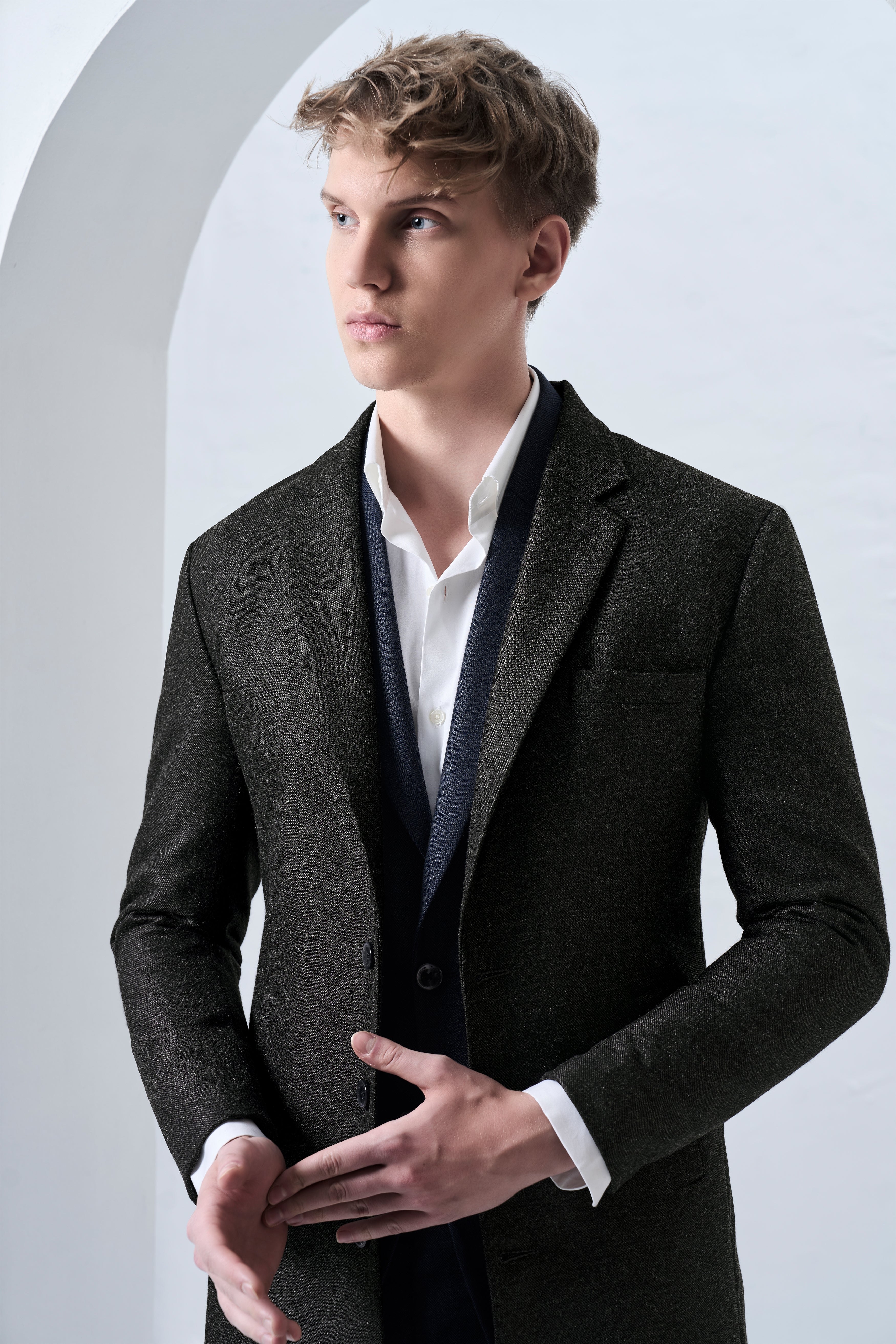 Metallo-Gunmetal Gray Textured Tweed Single Breasted Overcoat