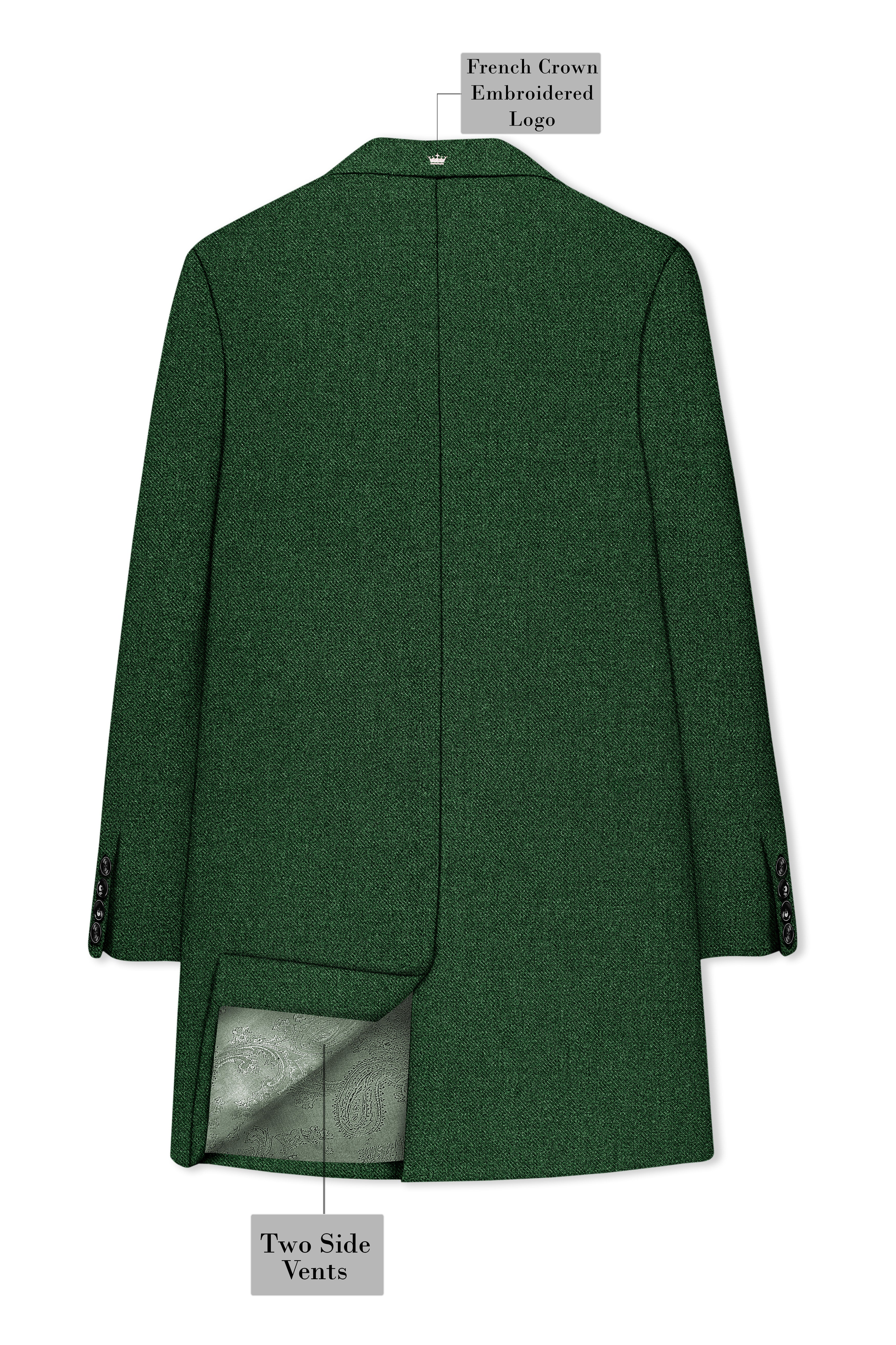 Virenza-Mystle Green Textured Tweed Single Breasted Overcoat