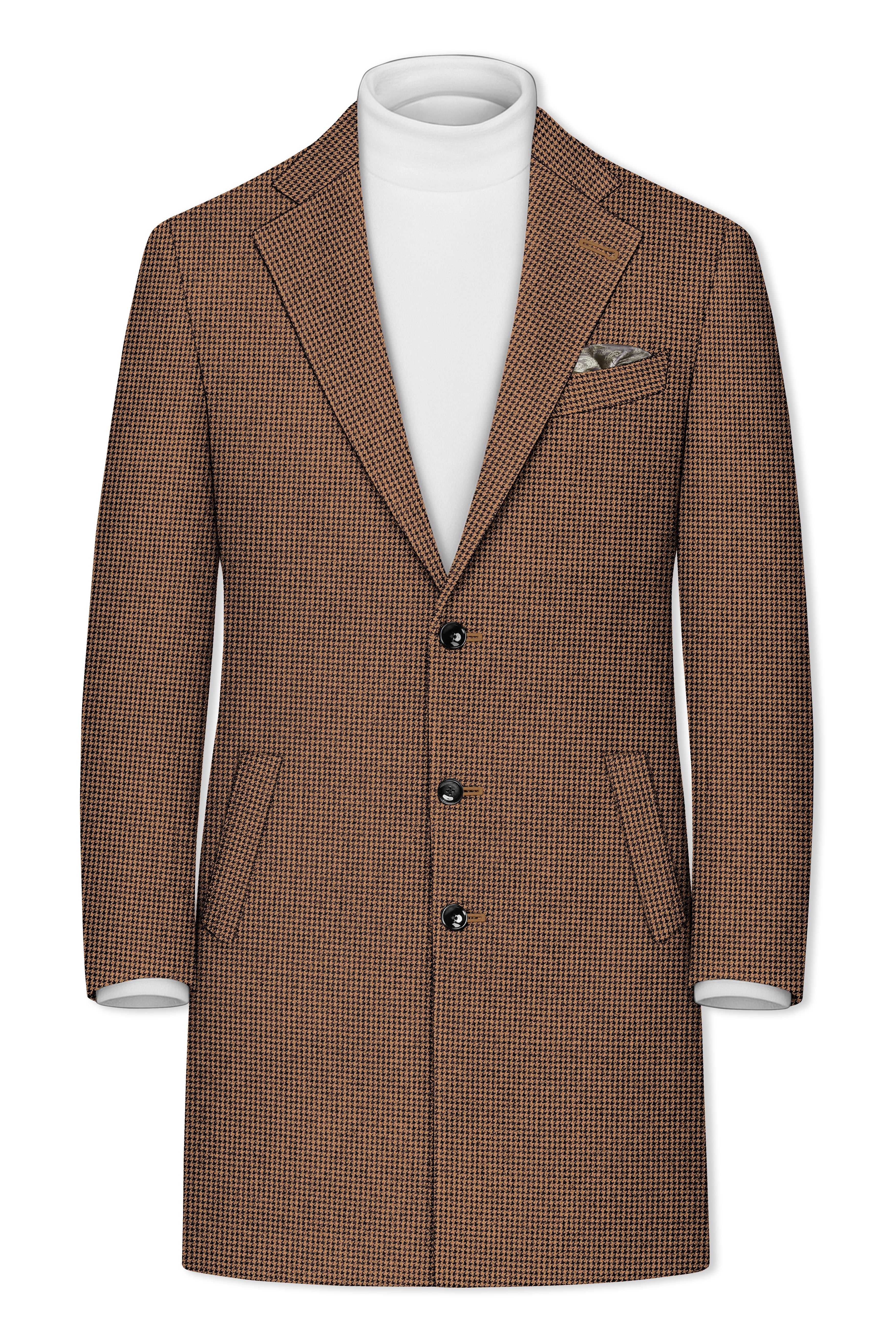 Regalis-Rope Brown Classic Houndstooth Textured Tweed Single Breasted Overcoat