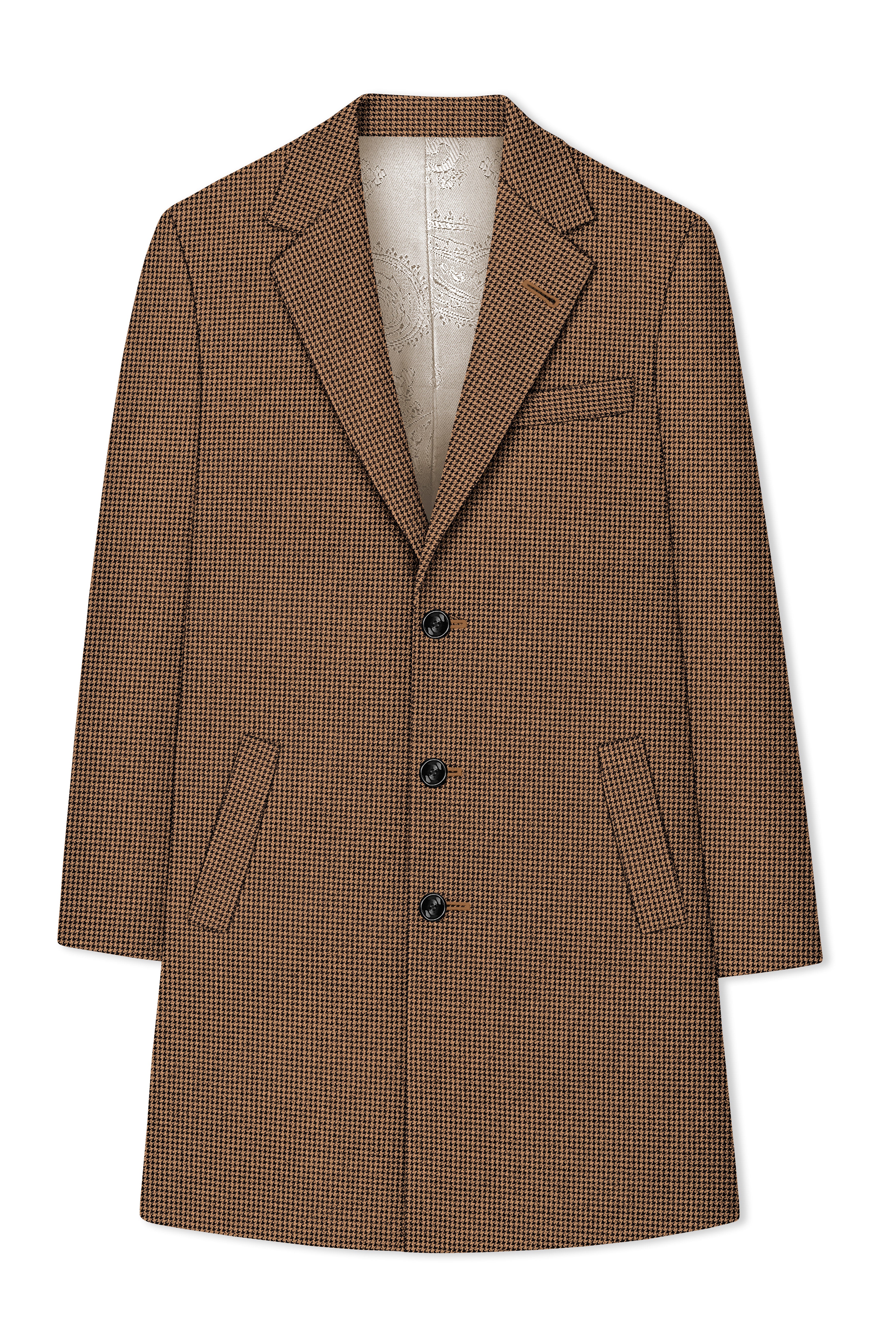 Regalis-Rope Brown Classic Houndstooth Textured Tweed Single Breasted Overcoat