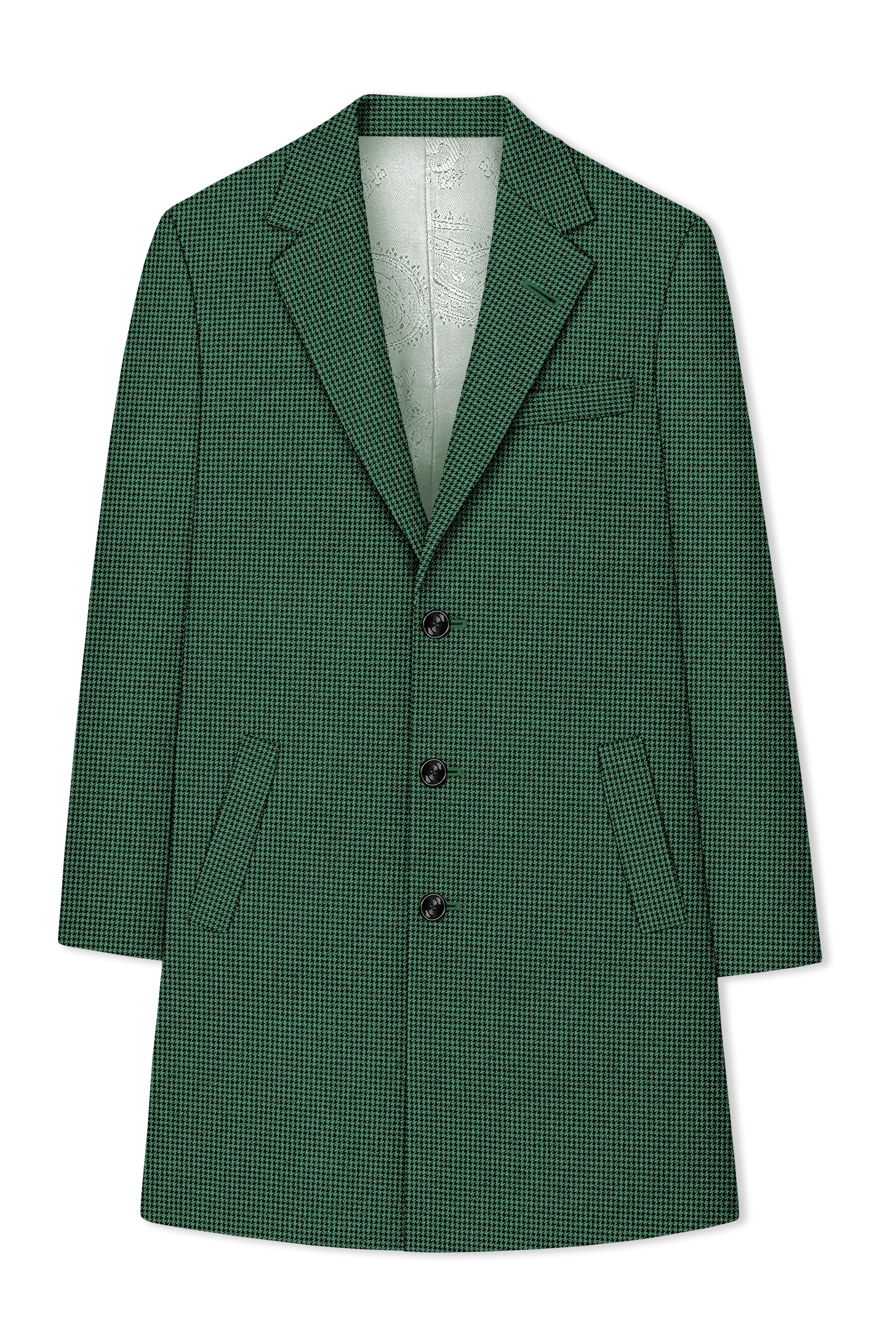 Regent-Plantation Green Classic Houndstooth Textured Tweed Single Breasted Overcoat
